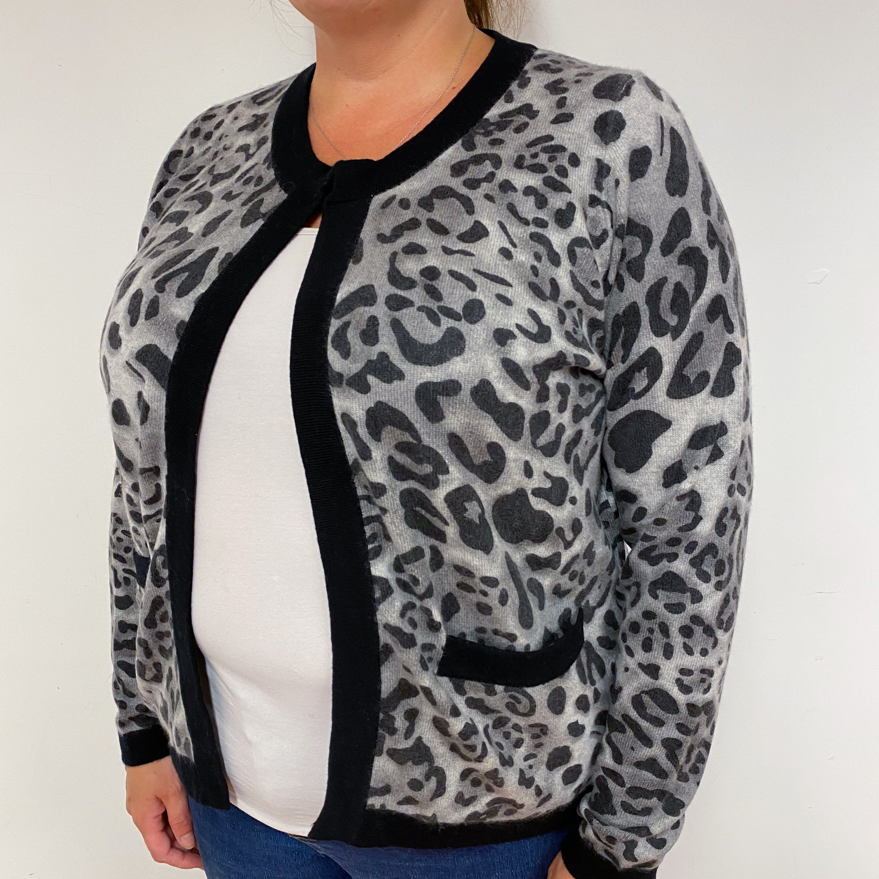 Grey Leopard Crew Neck Cardigan Extra  Large