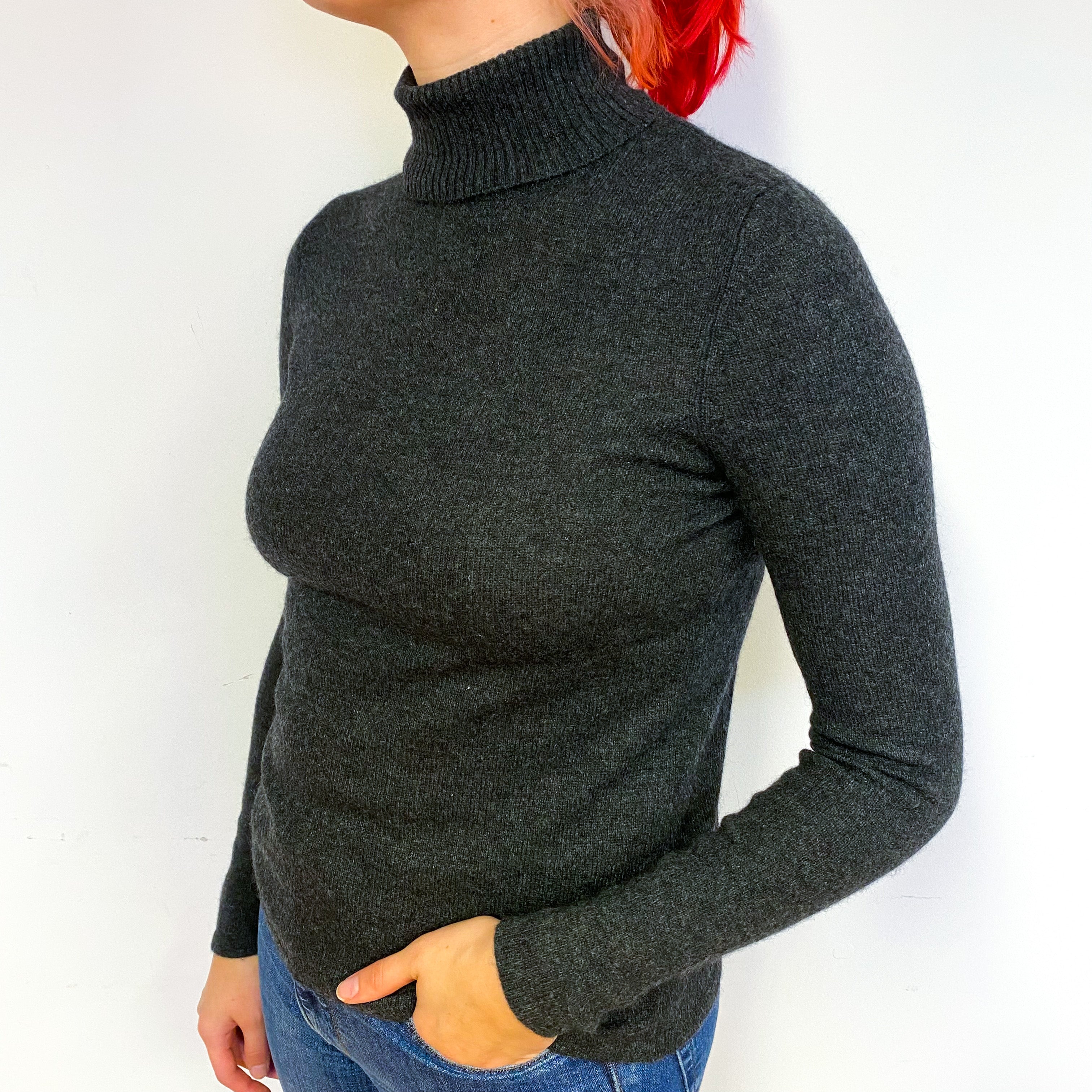 Charcoal Grey Cashmere Polo Neck Jumper Small