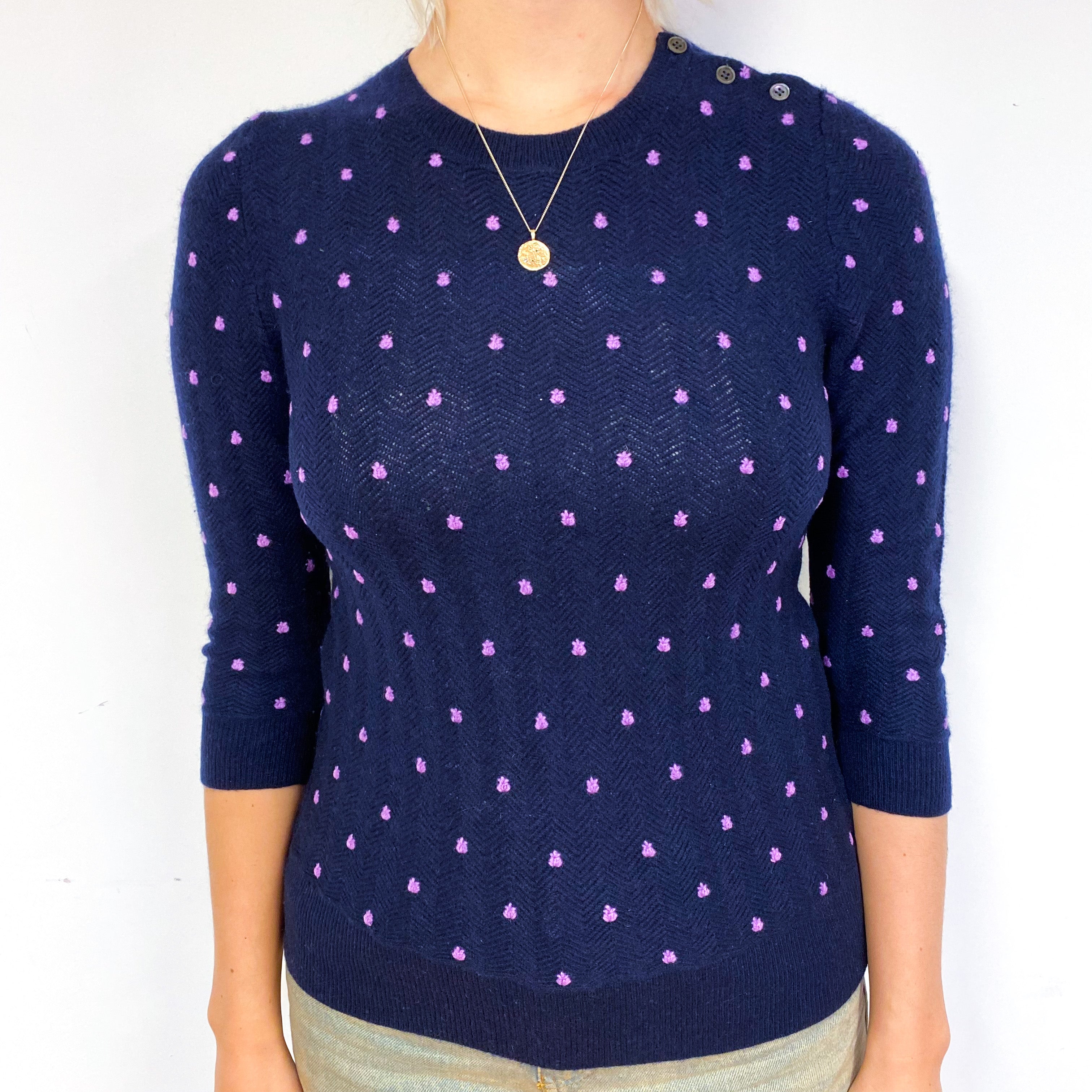 Navy Blue and Lilac Polka Dot Crew Neck Jumper Small