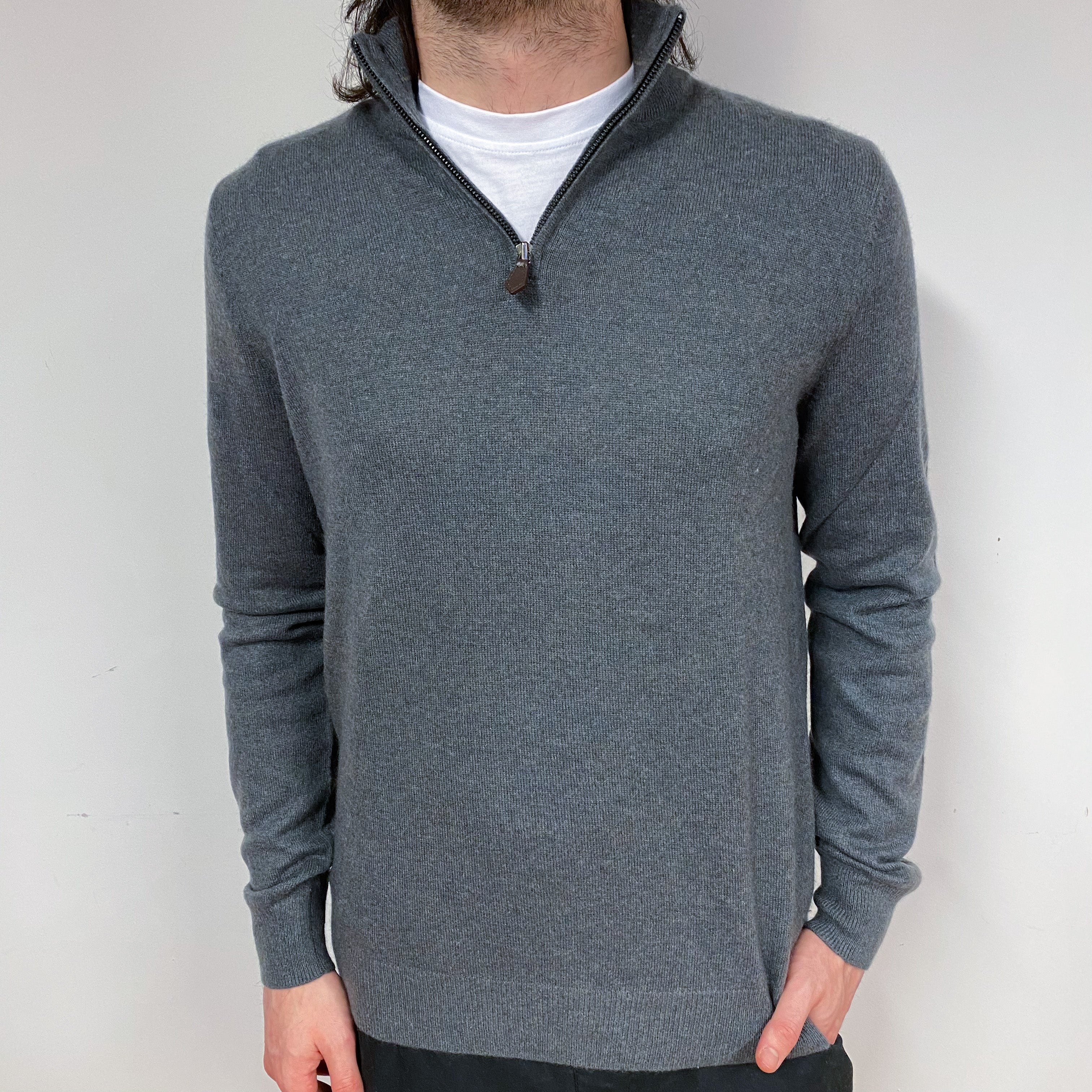 Men’s Slate Grey Cashmere 1/4 Zip Jumper Small