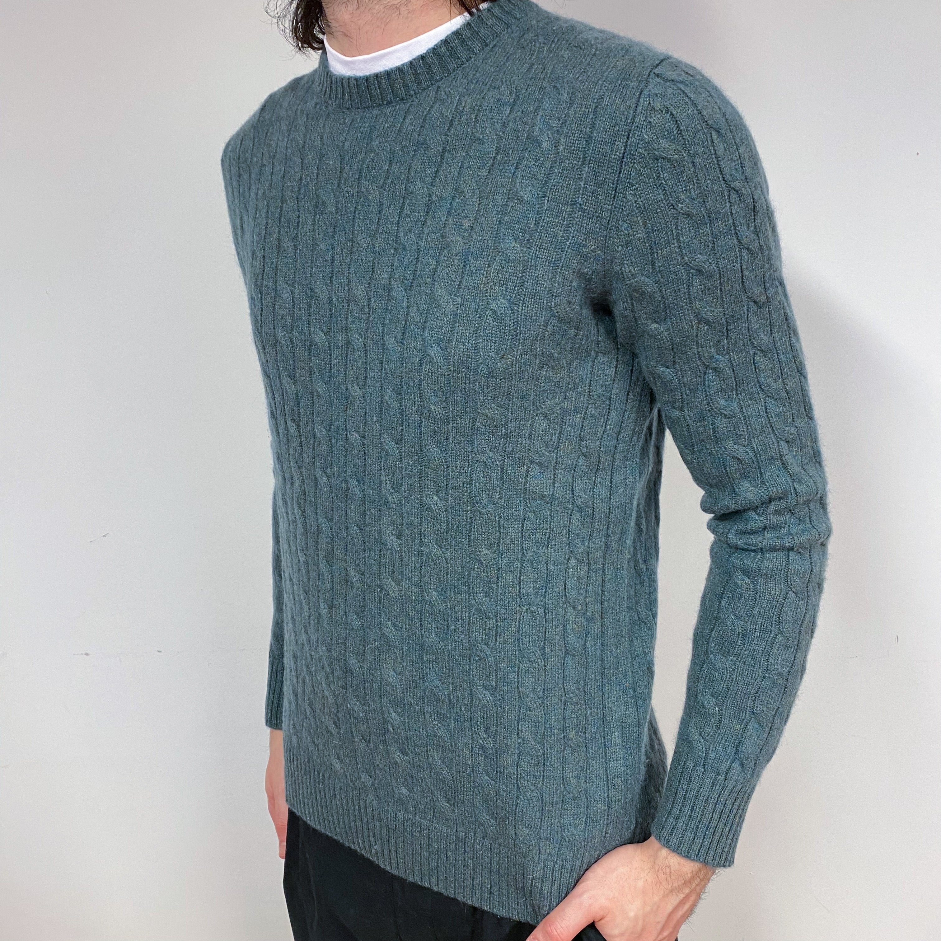 Men’s Spruce Green Cable Cashmere Crew Neck Jumper Small