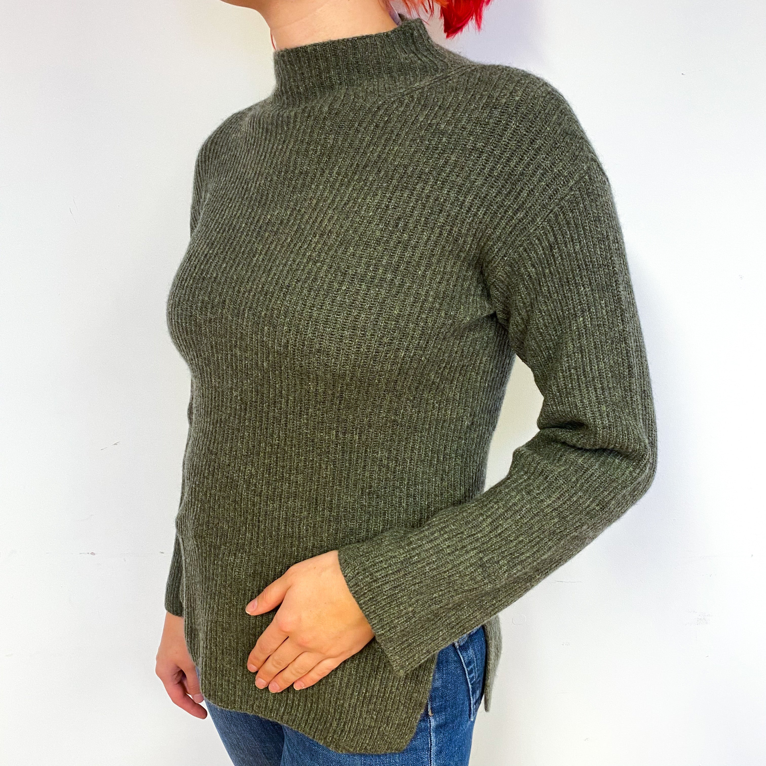 Khaki Green Chunky Cashmere Turtle Neck Jumper Small