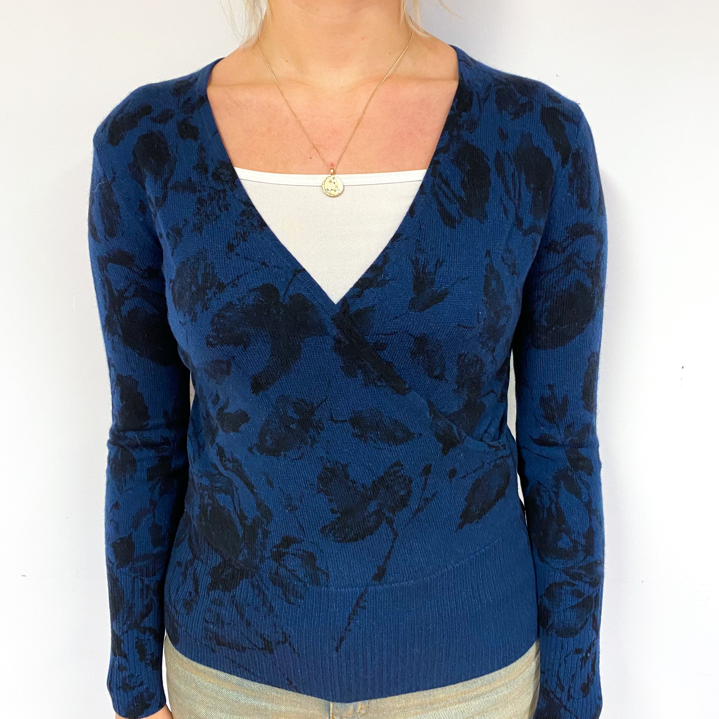 Navy Patterned Wrap Style V Neck Jumper Small