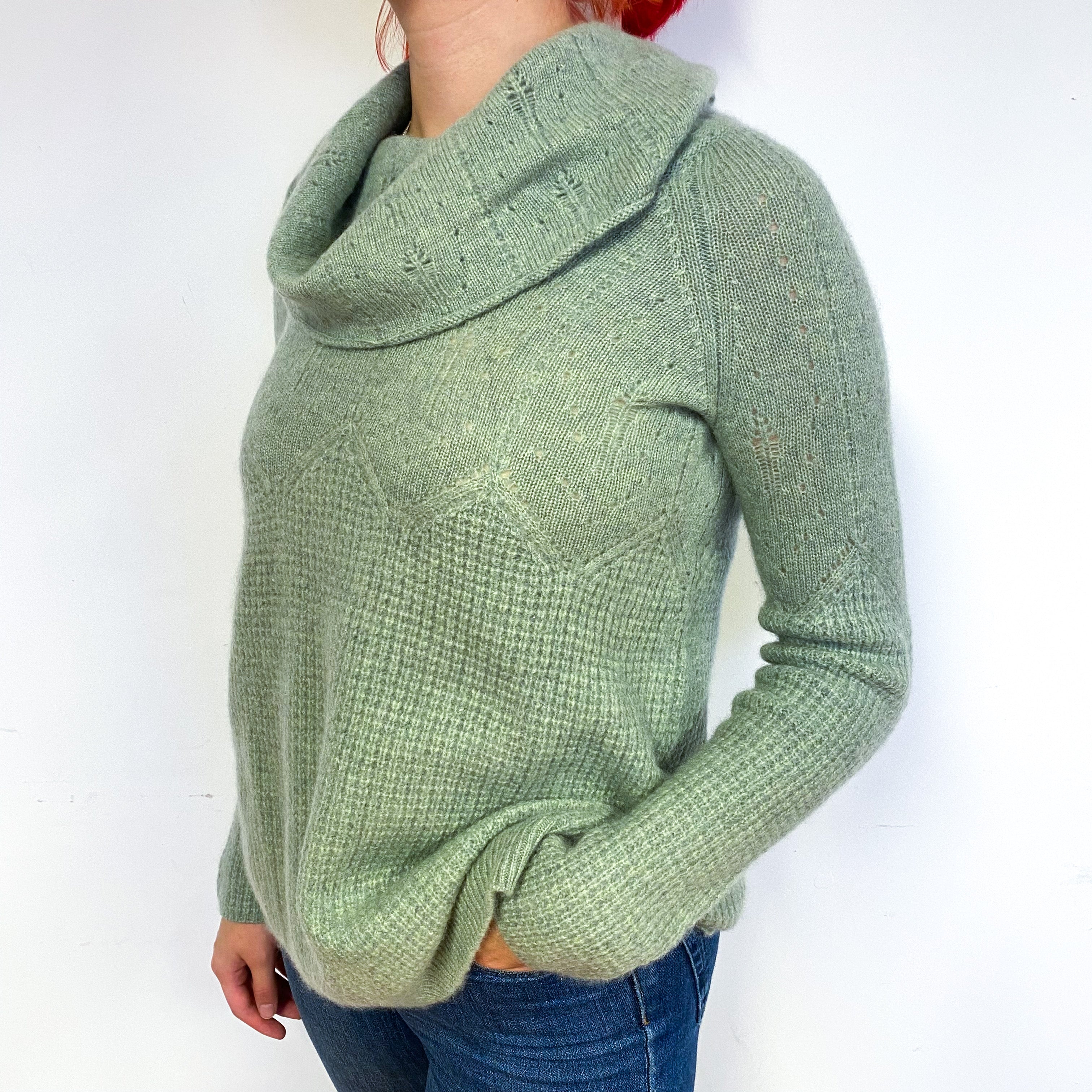 Pickle Green Longline Cashmere Cowl Neck Jumper Small