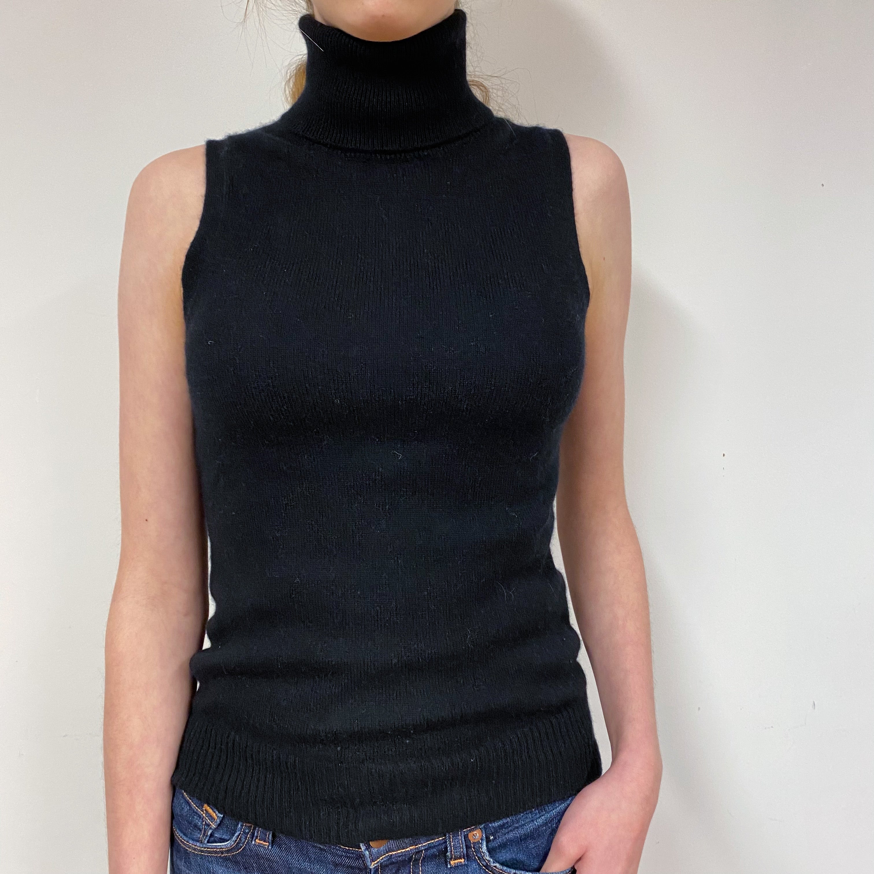 Black Sleeveless Cashmere Polo Neck Jumper Extra Small