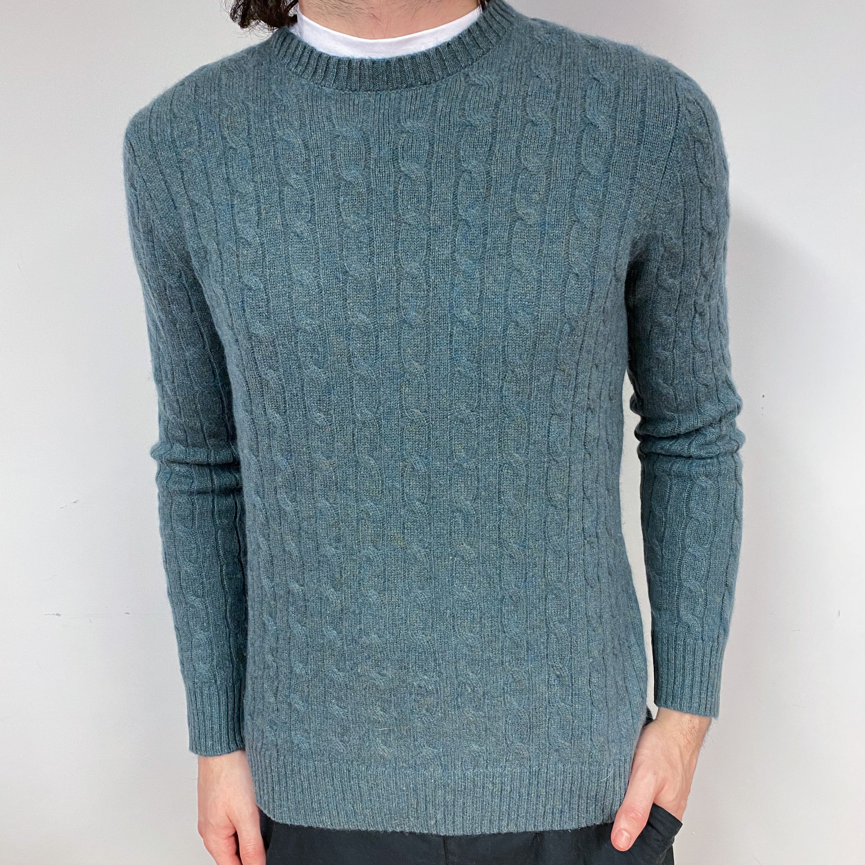 Men’s Spruce Green Cable Cashmere Crew Neck Jumper Small