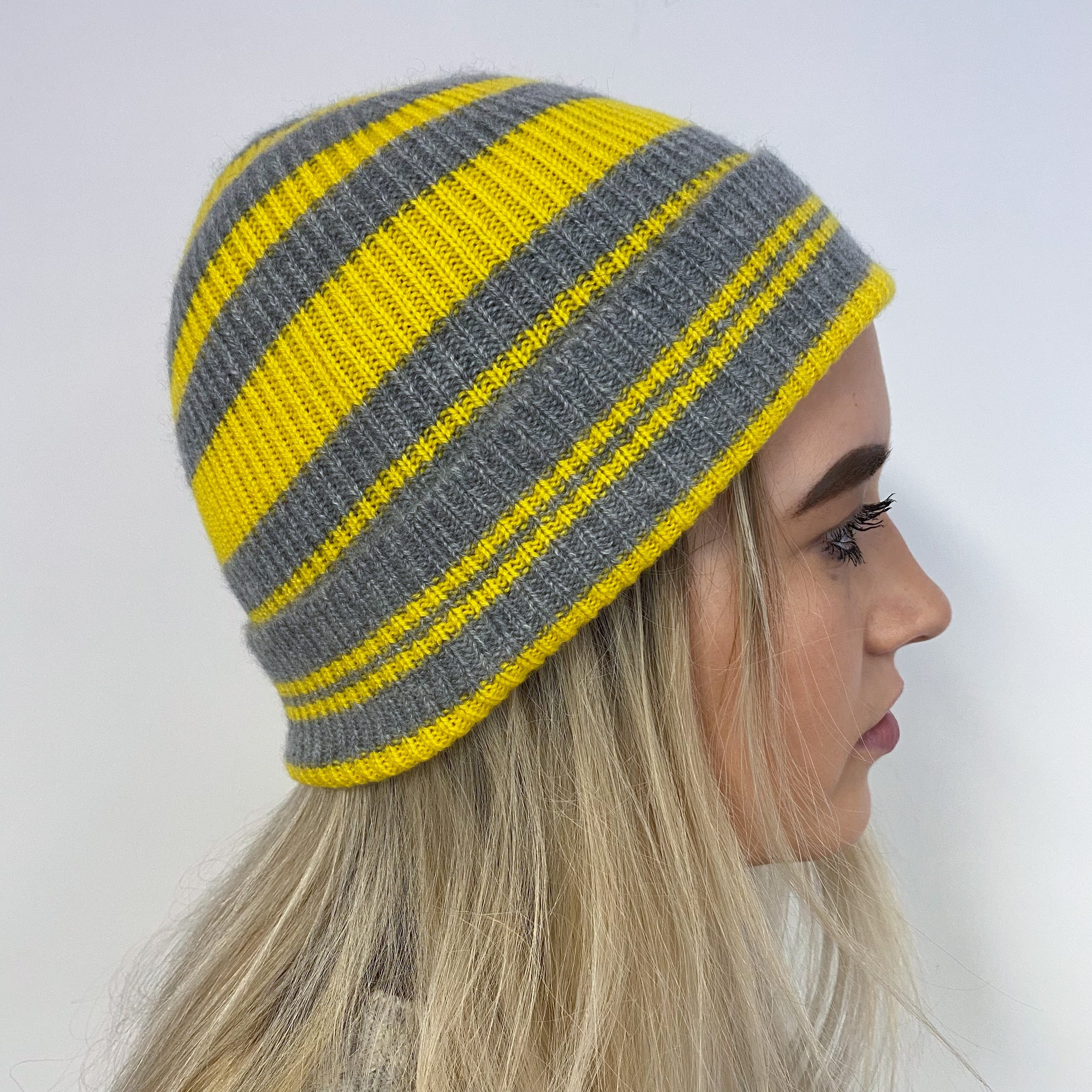 Brand New Scottish Marigold Yellow and Grey Striped Beanie One Size