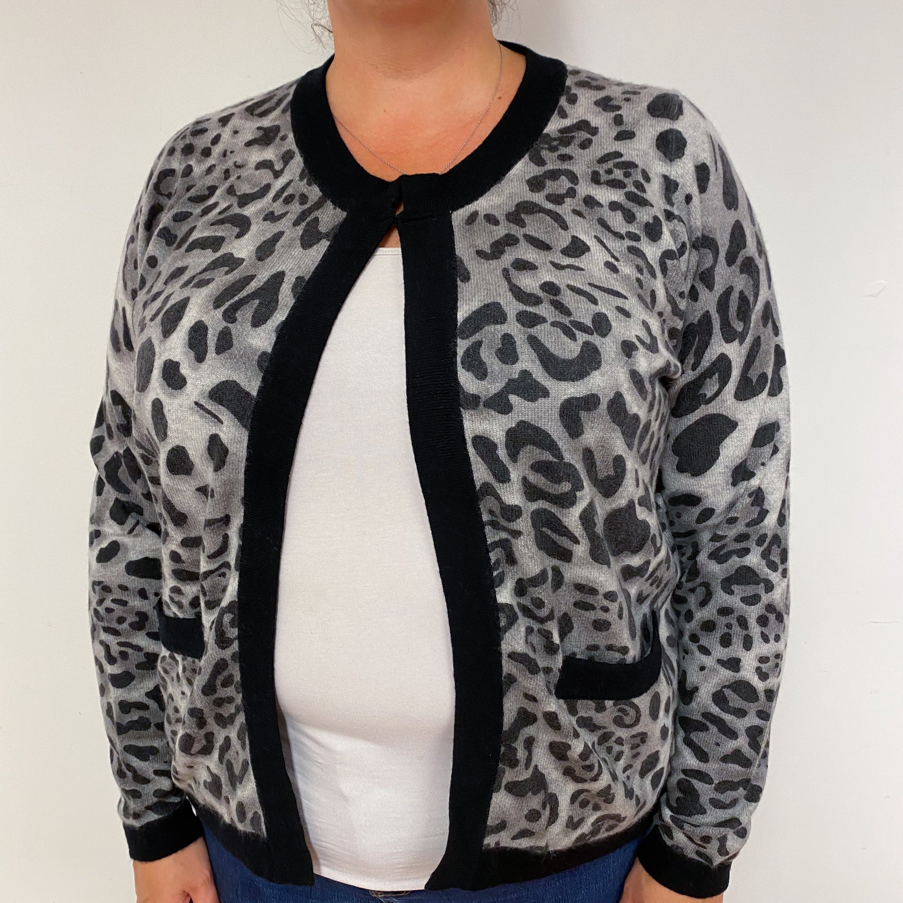 Grey Leopard Crew Neck Cardigan Extra  Large