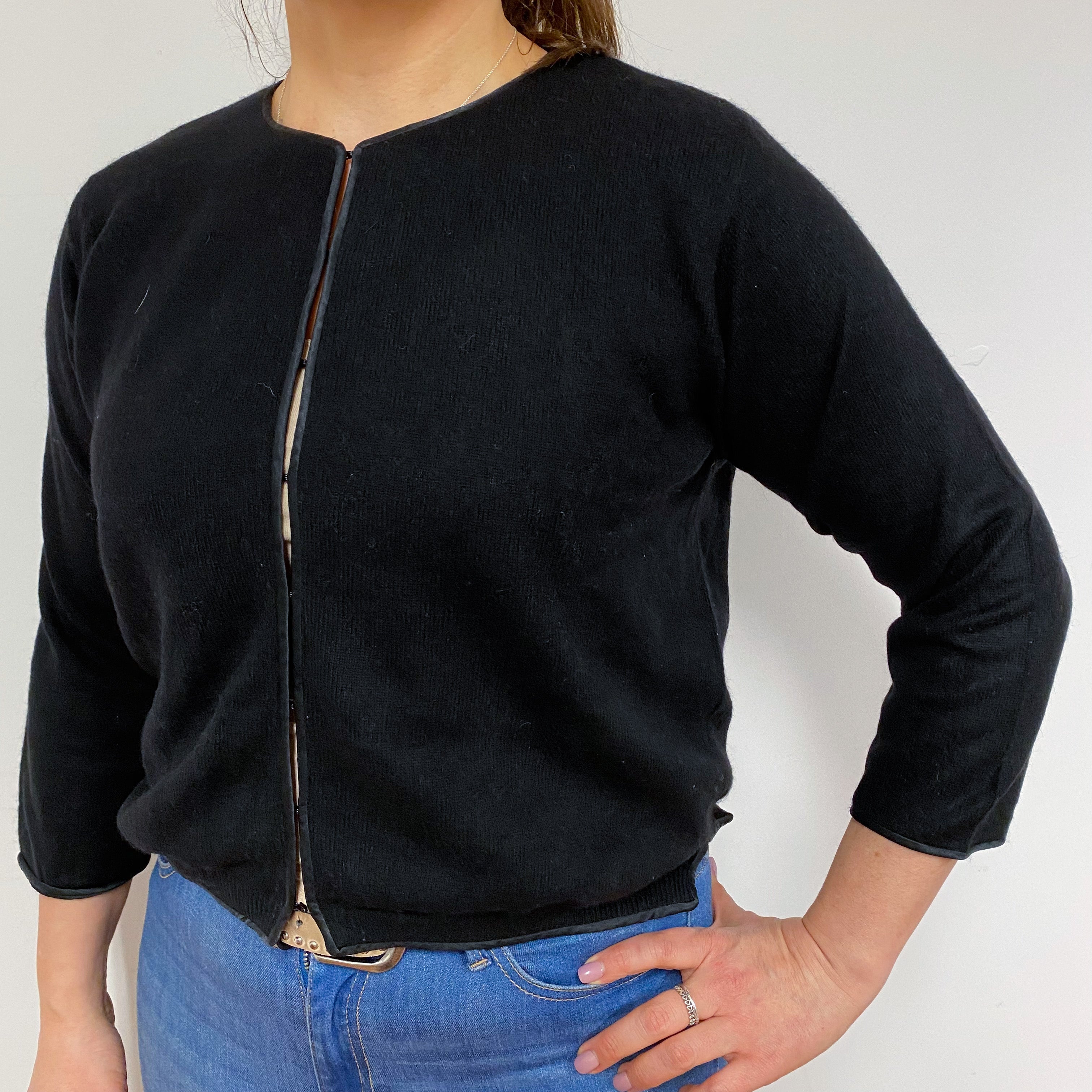 Black Crew Neck Cardigan with Silk Edging Large