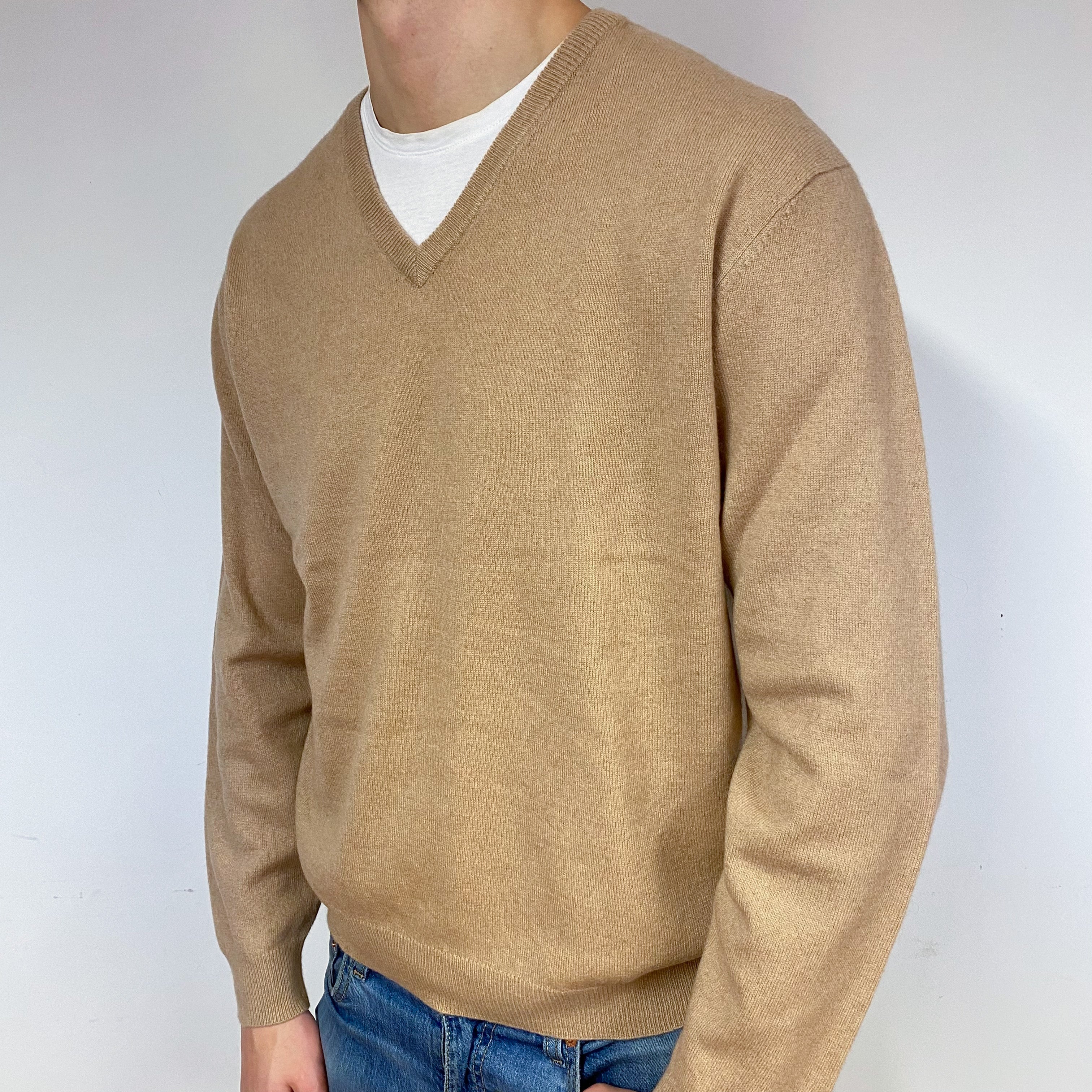 Men’s Vintage Pringle Beige V-Neck Jumper Extra Large