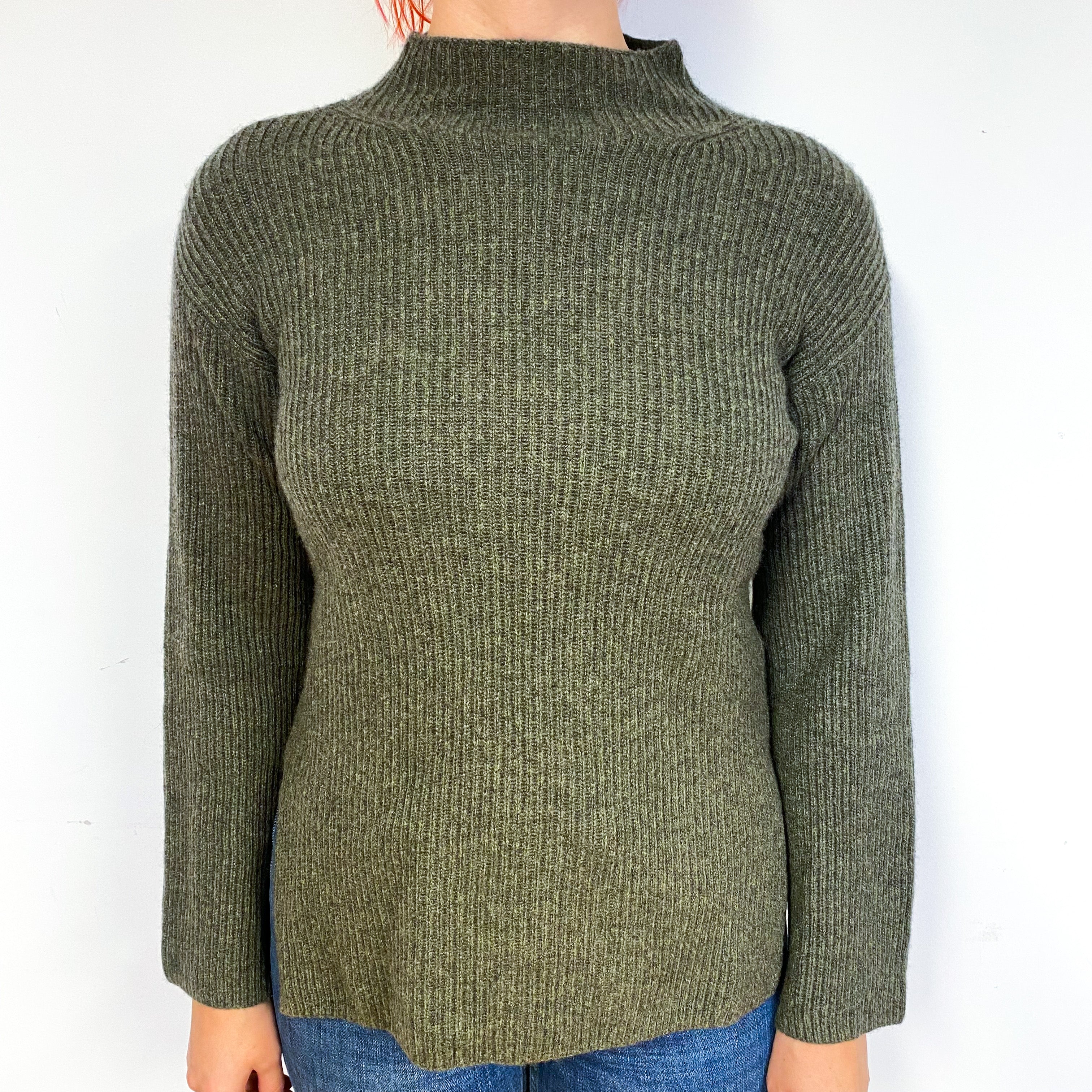 Khaki Green Chunky Cashmere Turtle Neck Jumper Small