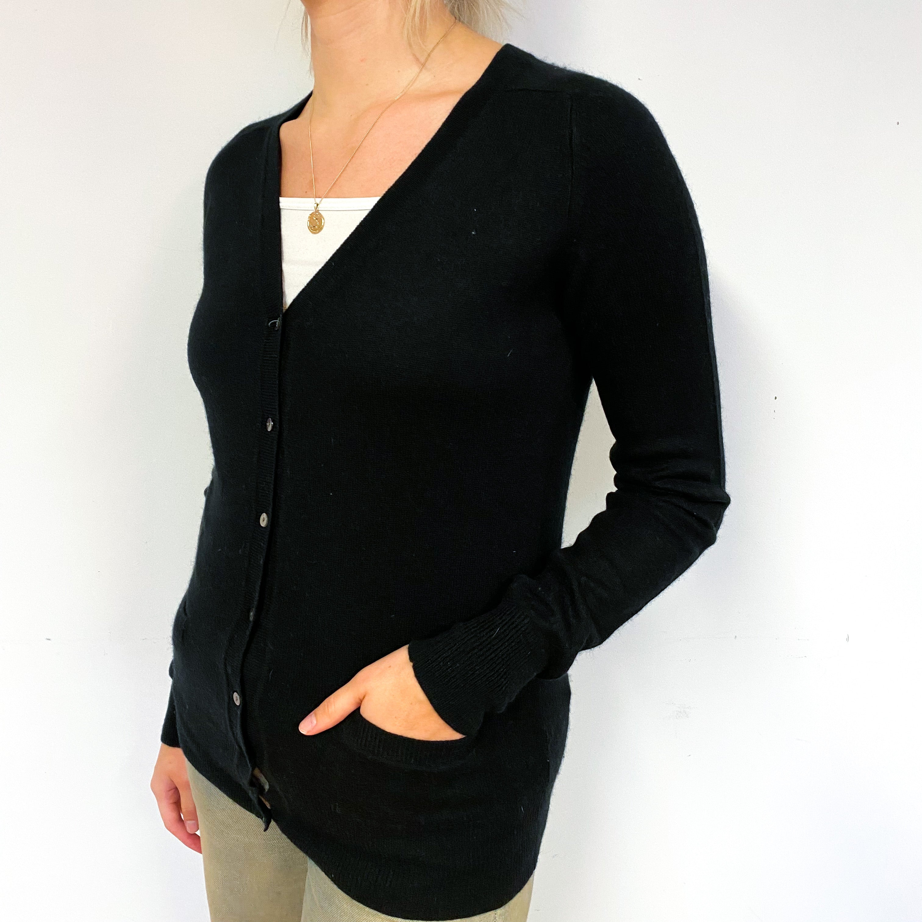 Black Cashmere V-Neck Cardigan with Pockets Small