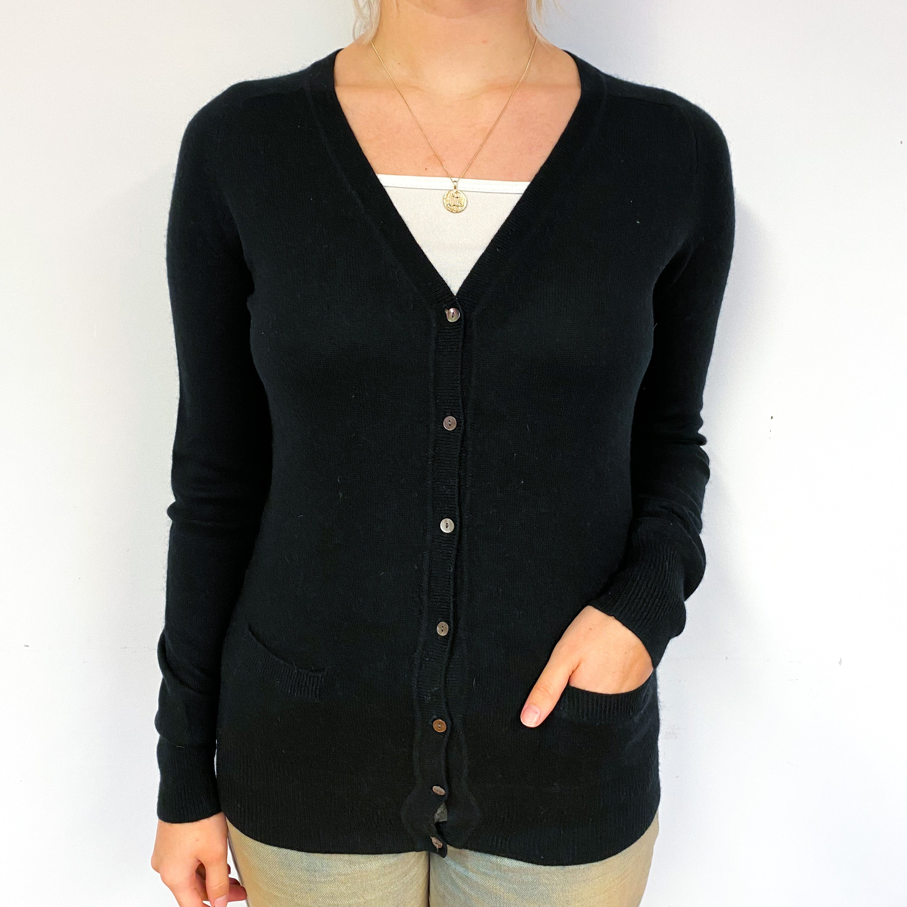 Black Cashmere V-Neck Cardigan with Pockets Small