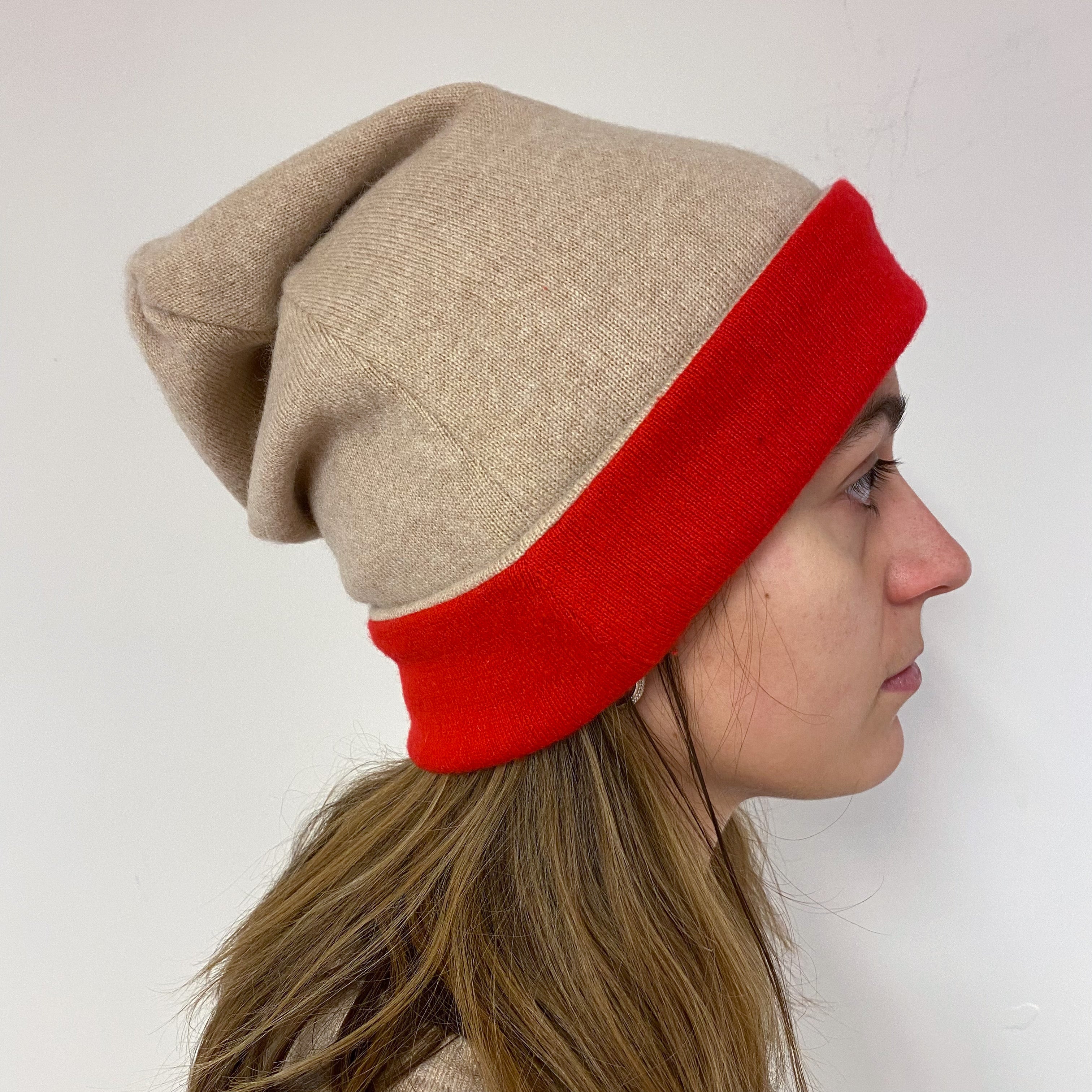 Reversible Red and Oatmeal Cashmere Beanie Hat One Size