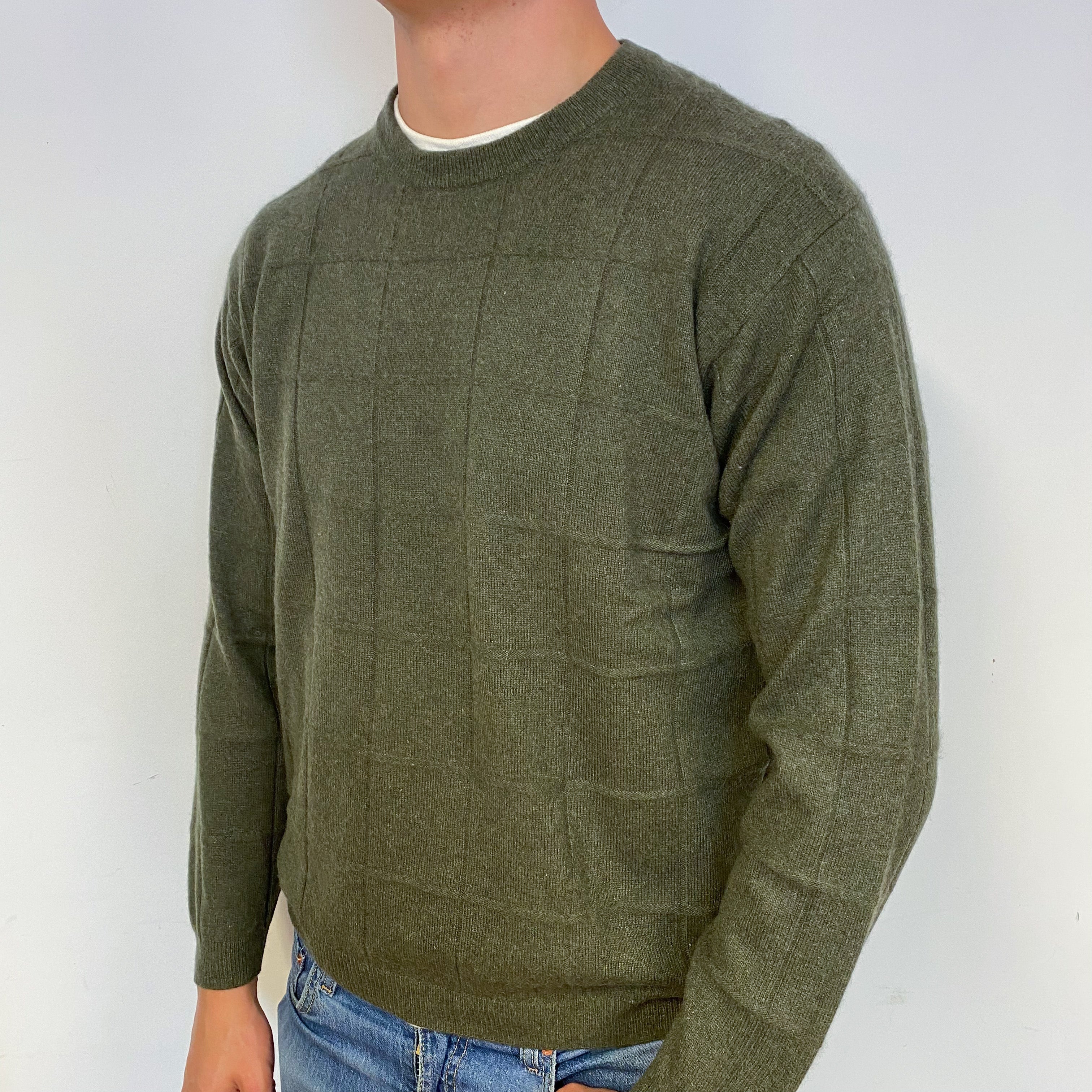 Men’s Khaki Checked Crew Neck Jumper Extra Extra Large