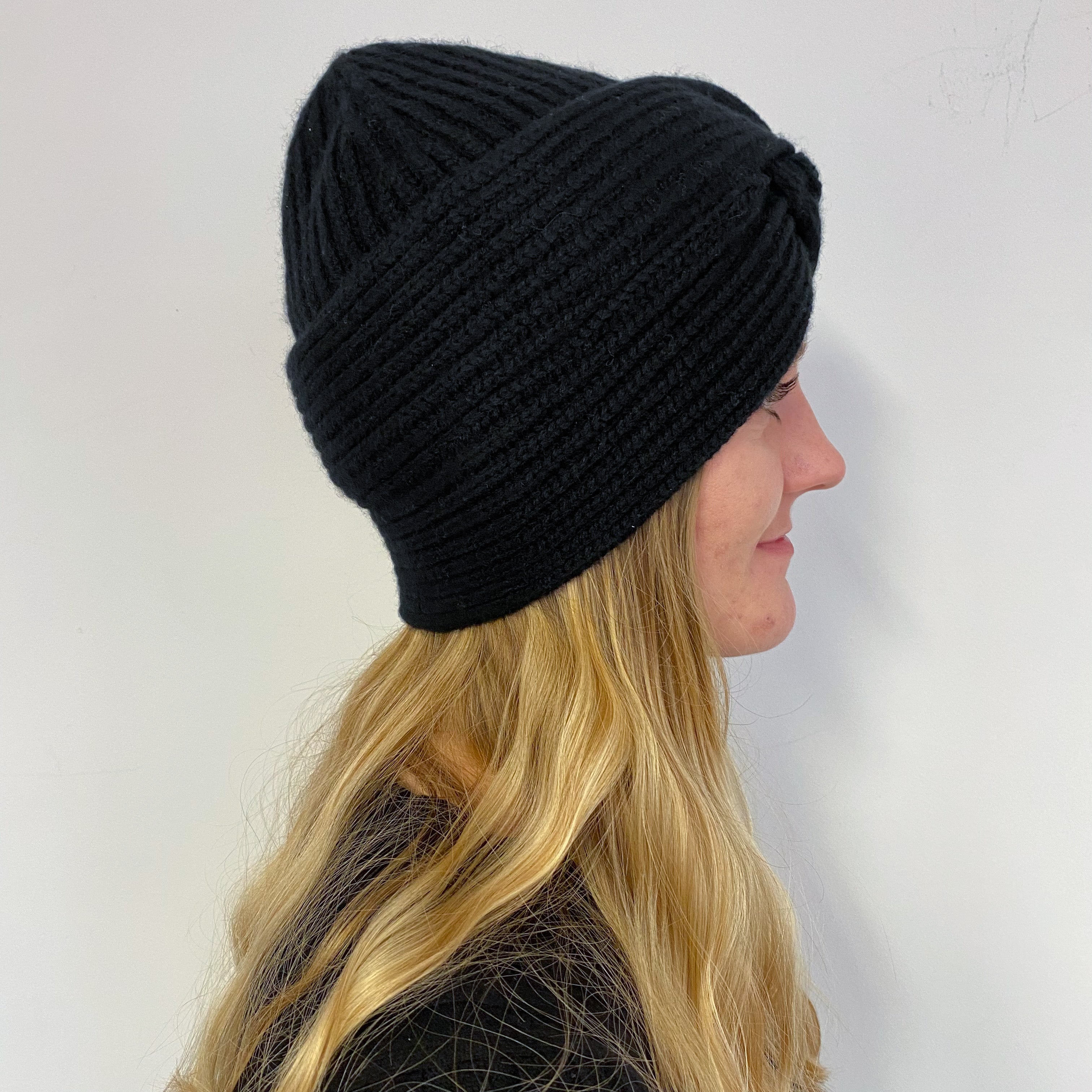 Brand New Black Ribbed Knit Turban Beanie Hat One Size