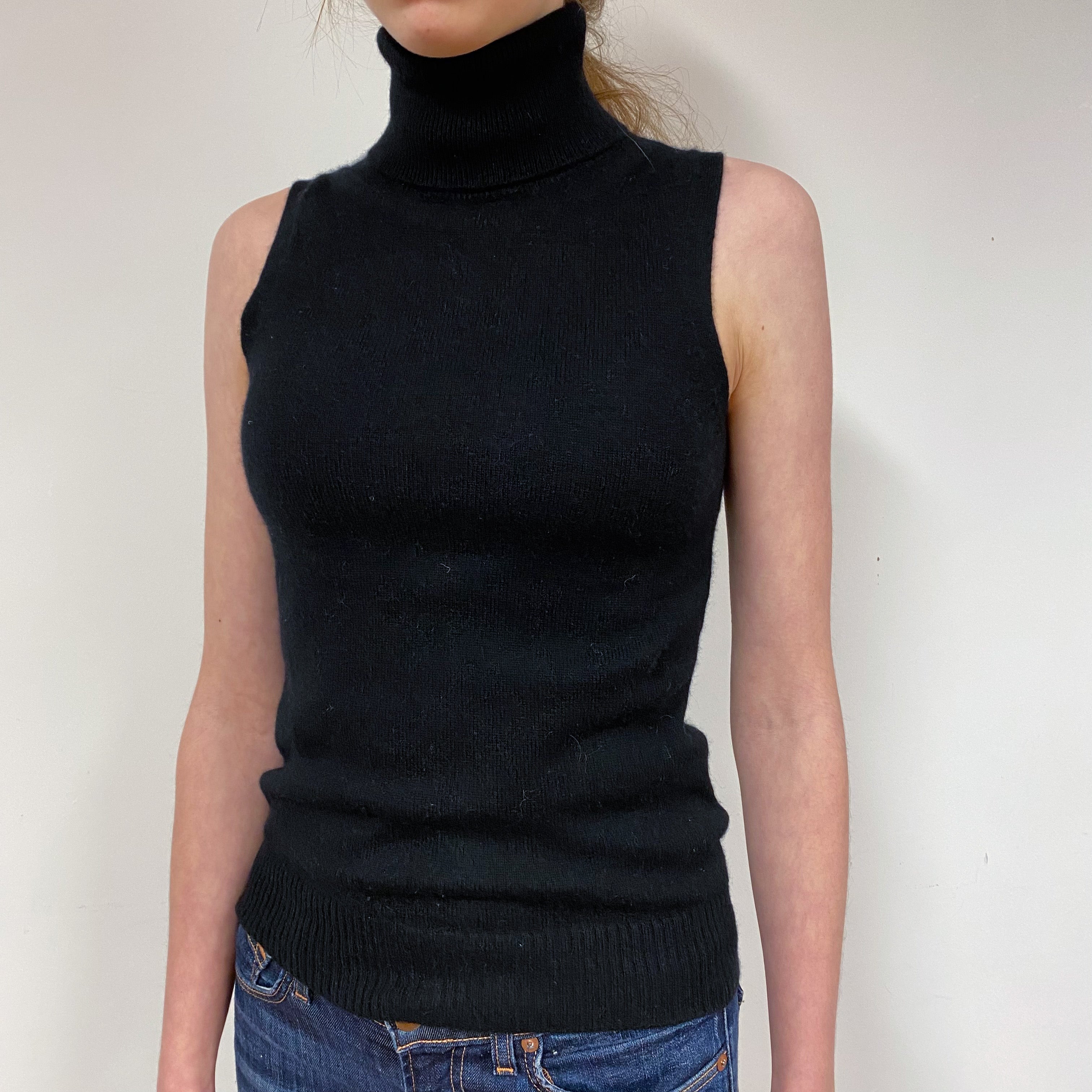 Black Sleeveless Cashmere Polo Neck Jumper Extra Small