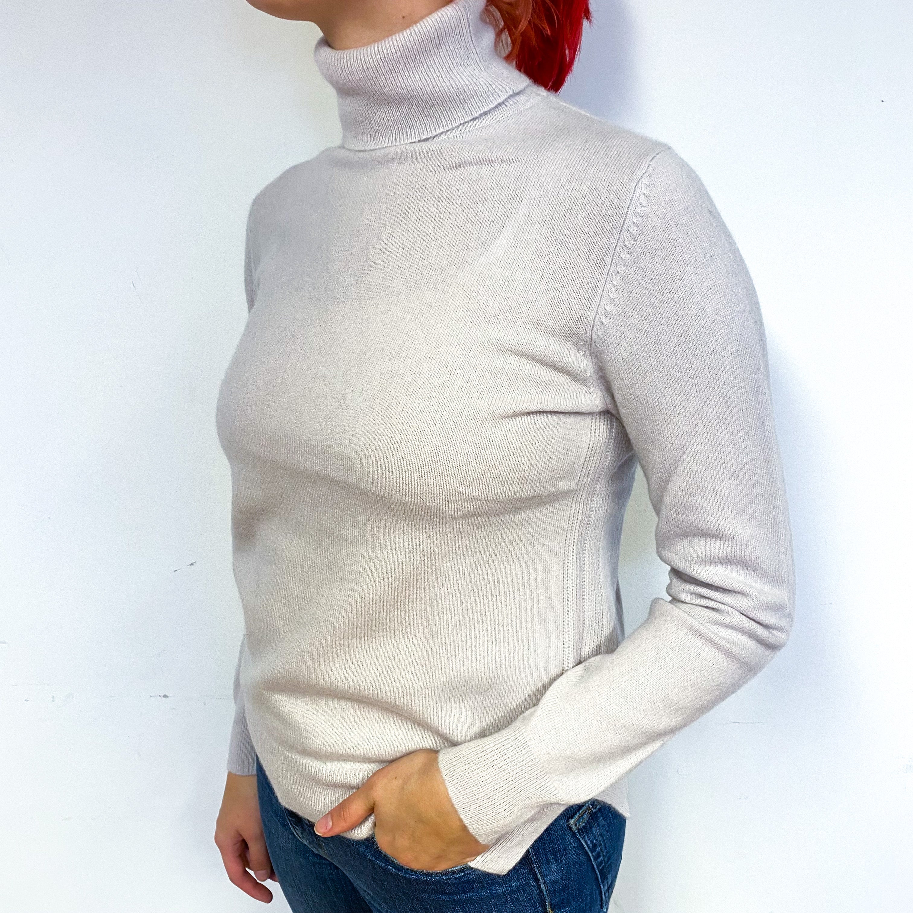 Pale Oyster Grey Cashmere Polo Neck Jumper Small