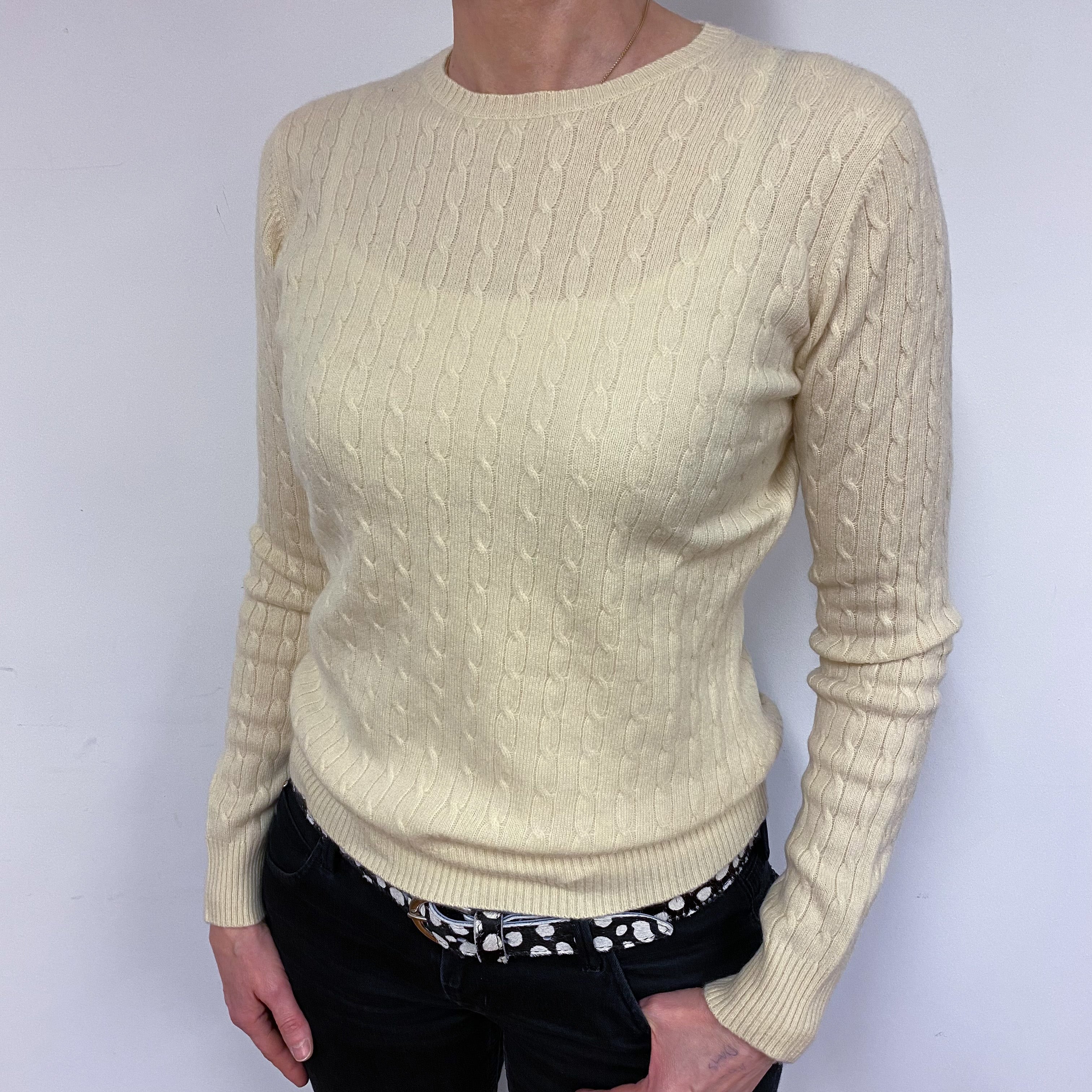 Primrose Yellow Cable Knit Crew Neck Jumper Small