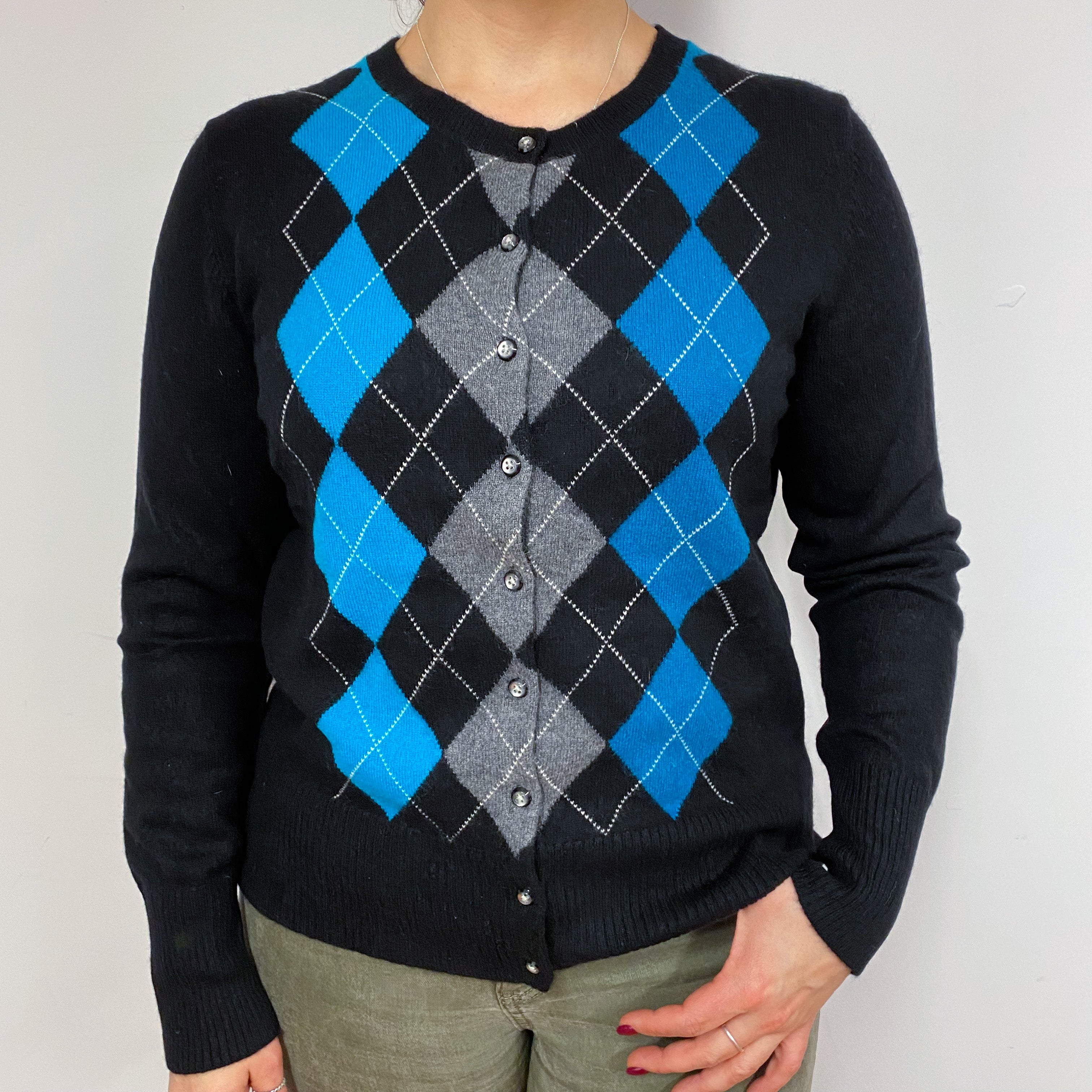 Black & Turquoise Diamond Crew Neck Cardigan Large