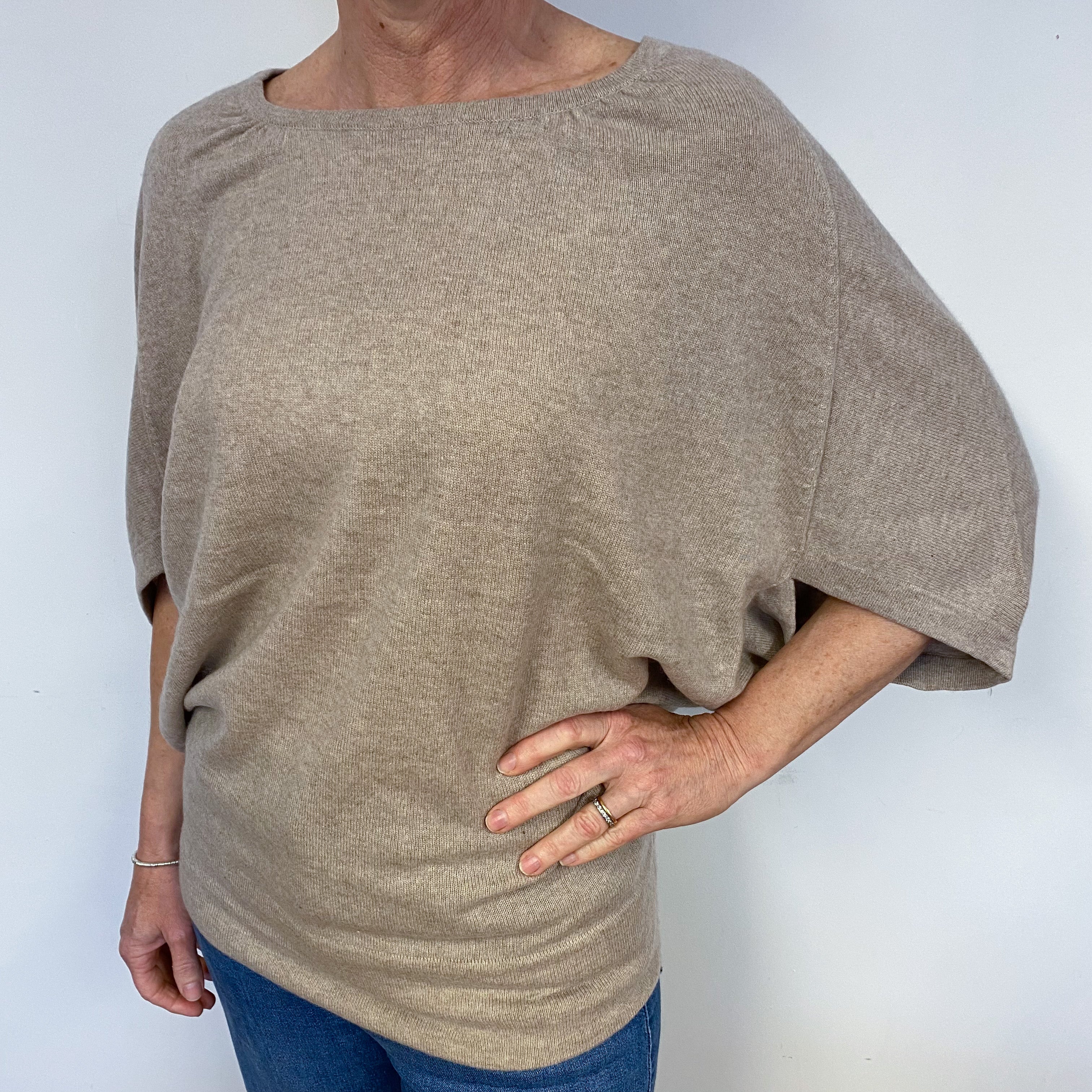 Fawn Slouchy Bat Wing Crew Neck Jumper Medium