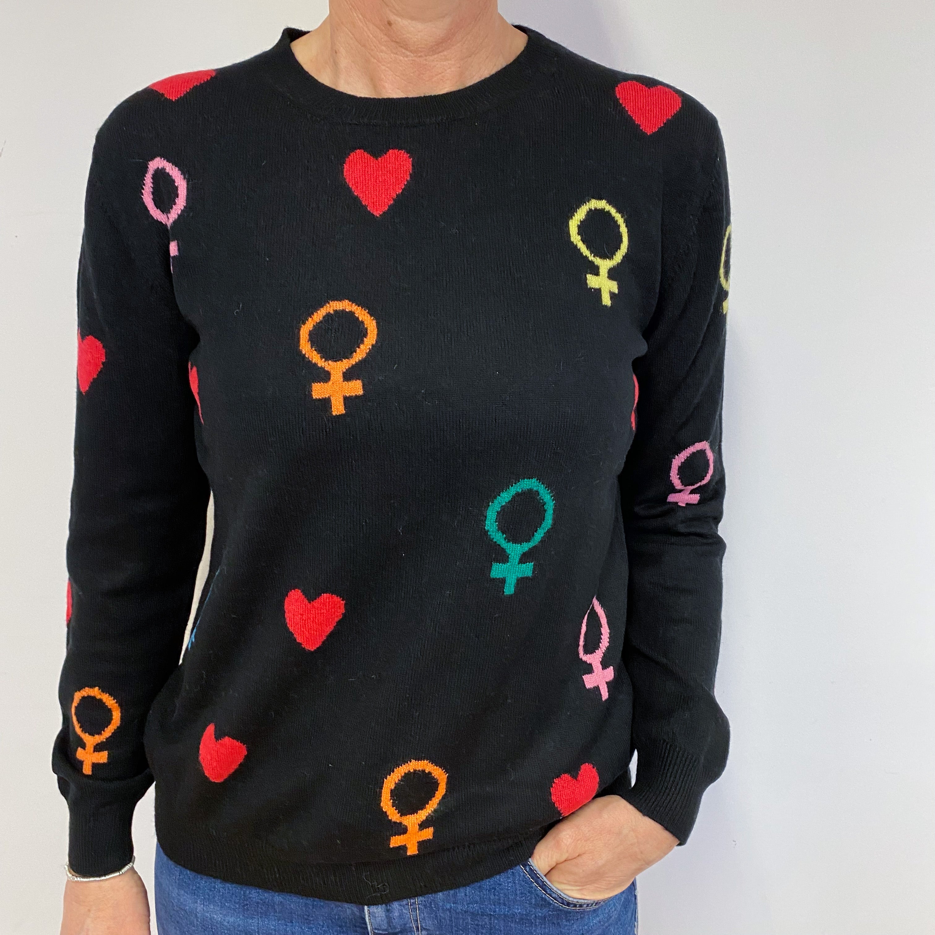 Designer Black Heart Crew Neck Jumper Medium