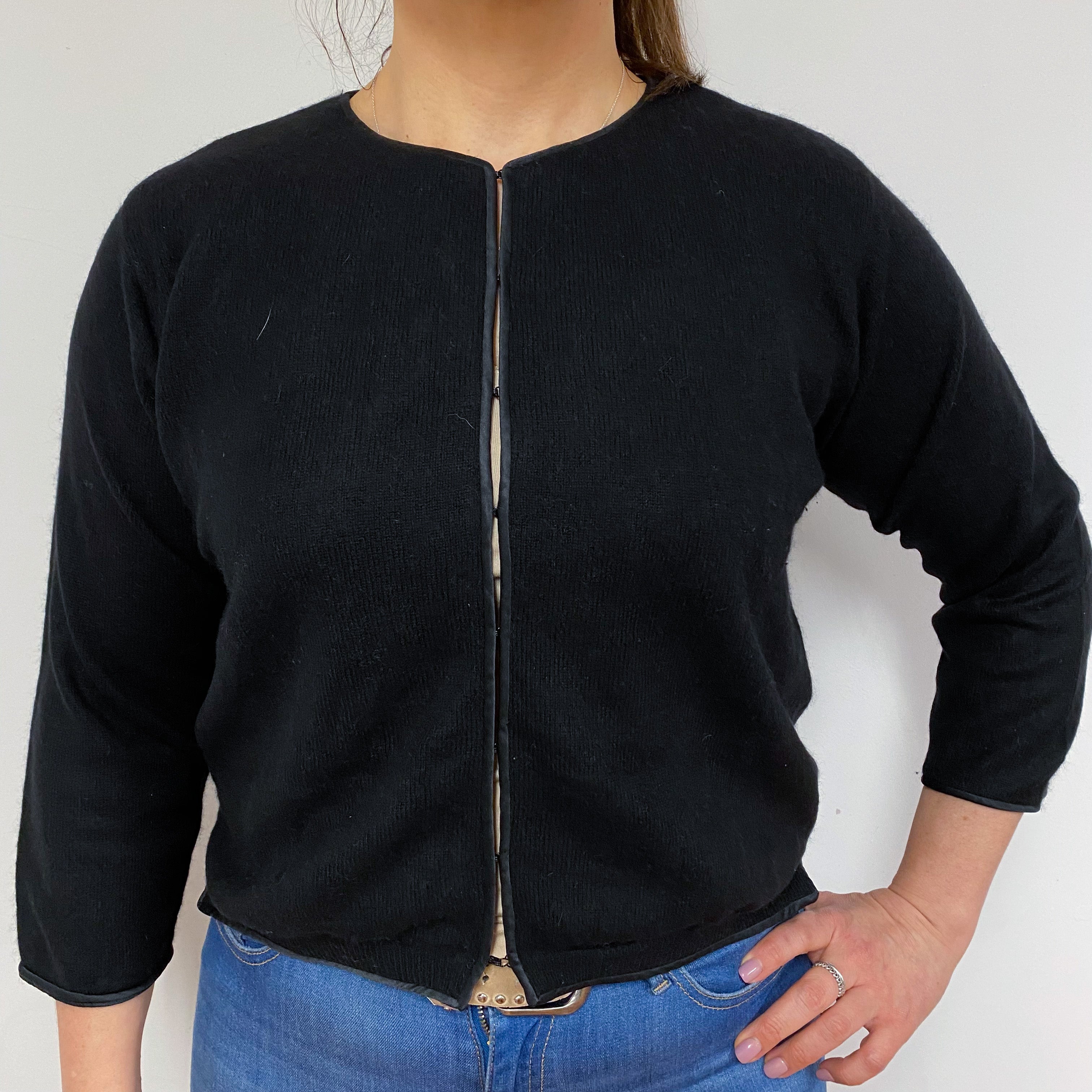 Black Crew Neck Cardigan with Silk Edging Large