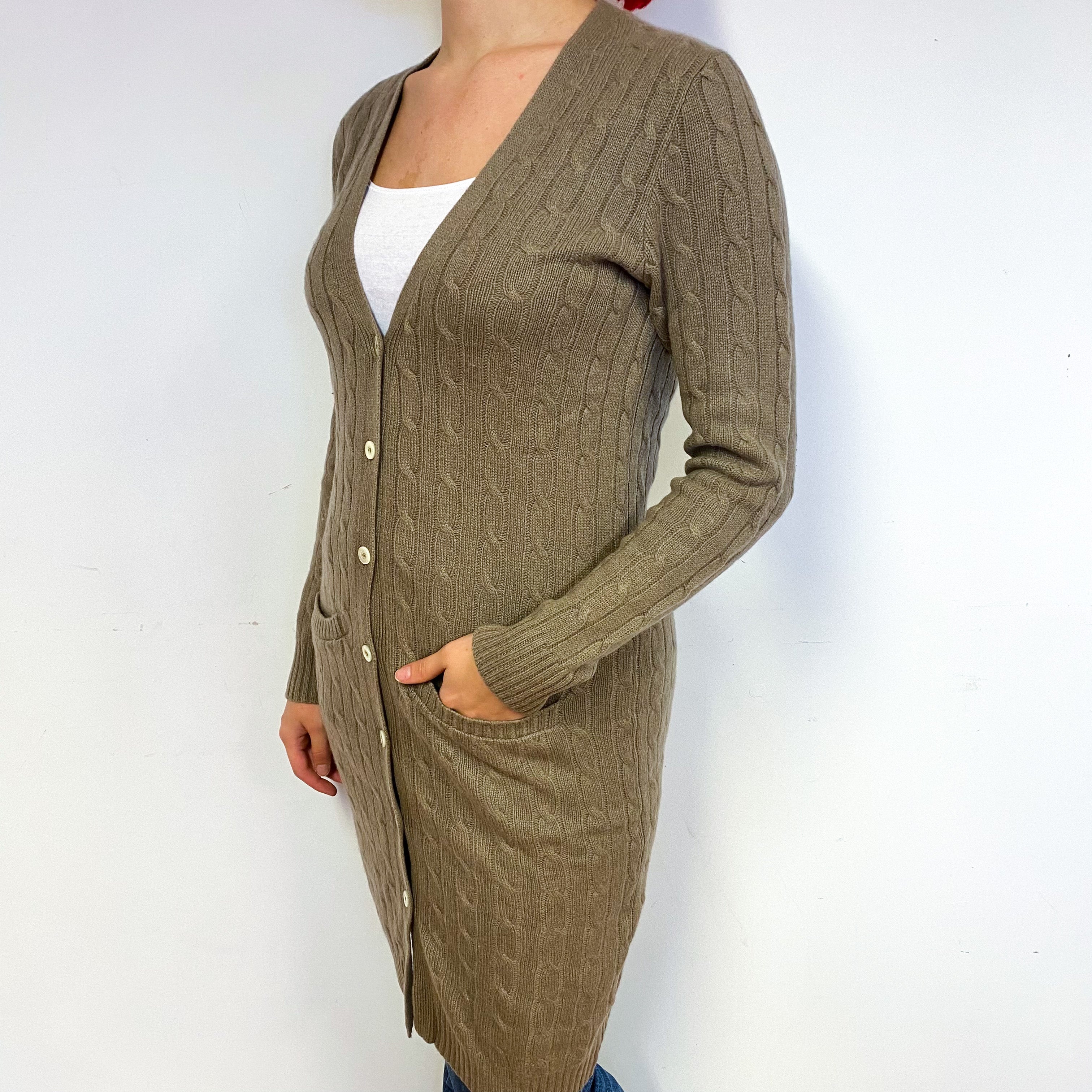 Mocha Brown Long Cable Cashmere Cardigan Small