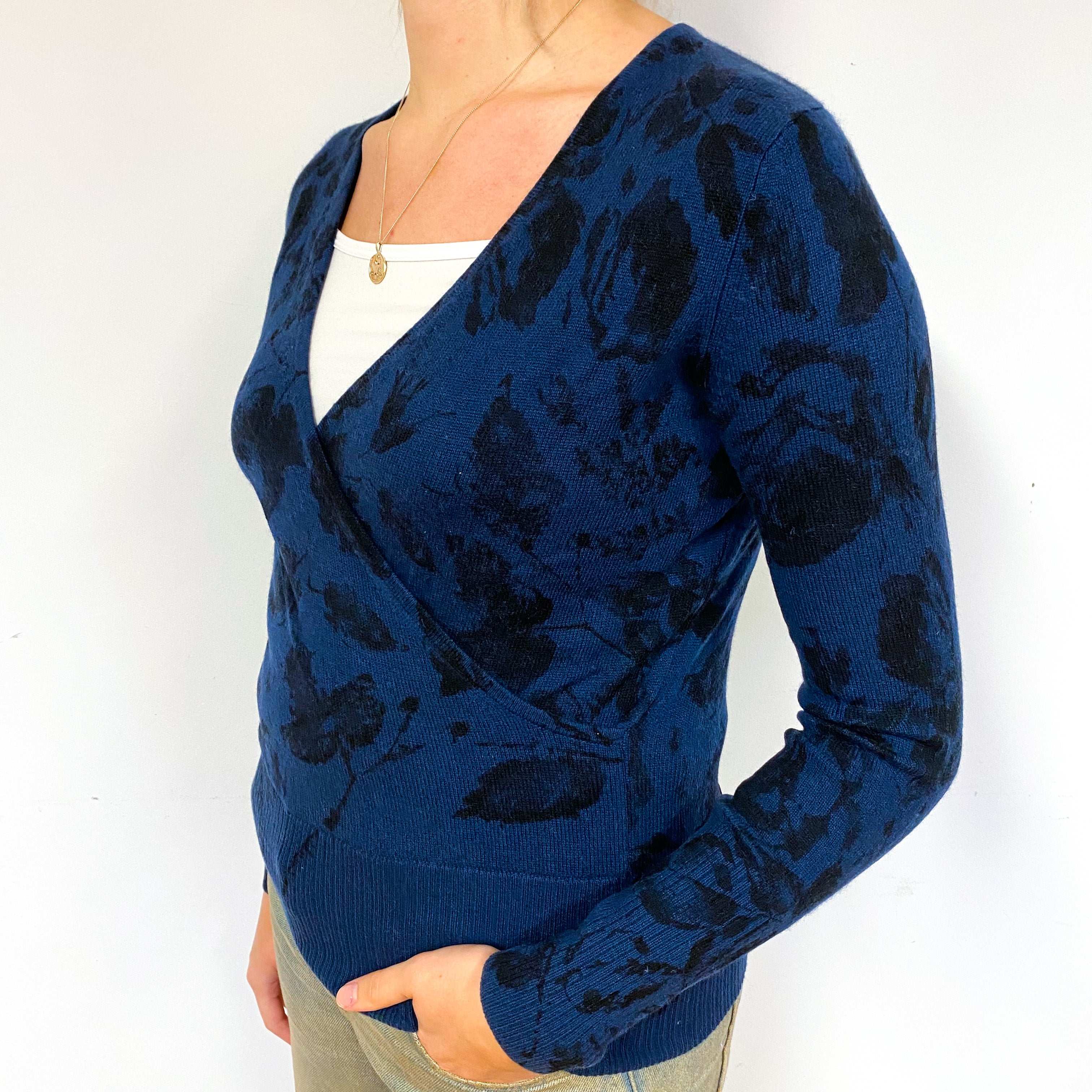 Navy Patterned Wrap Style V Neck Jumper Small