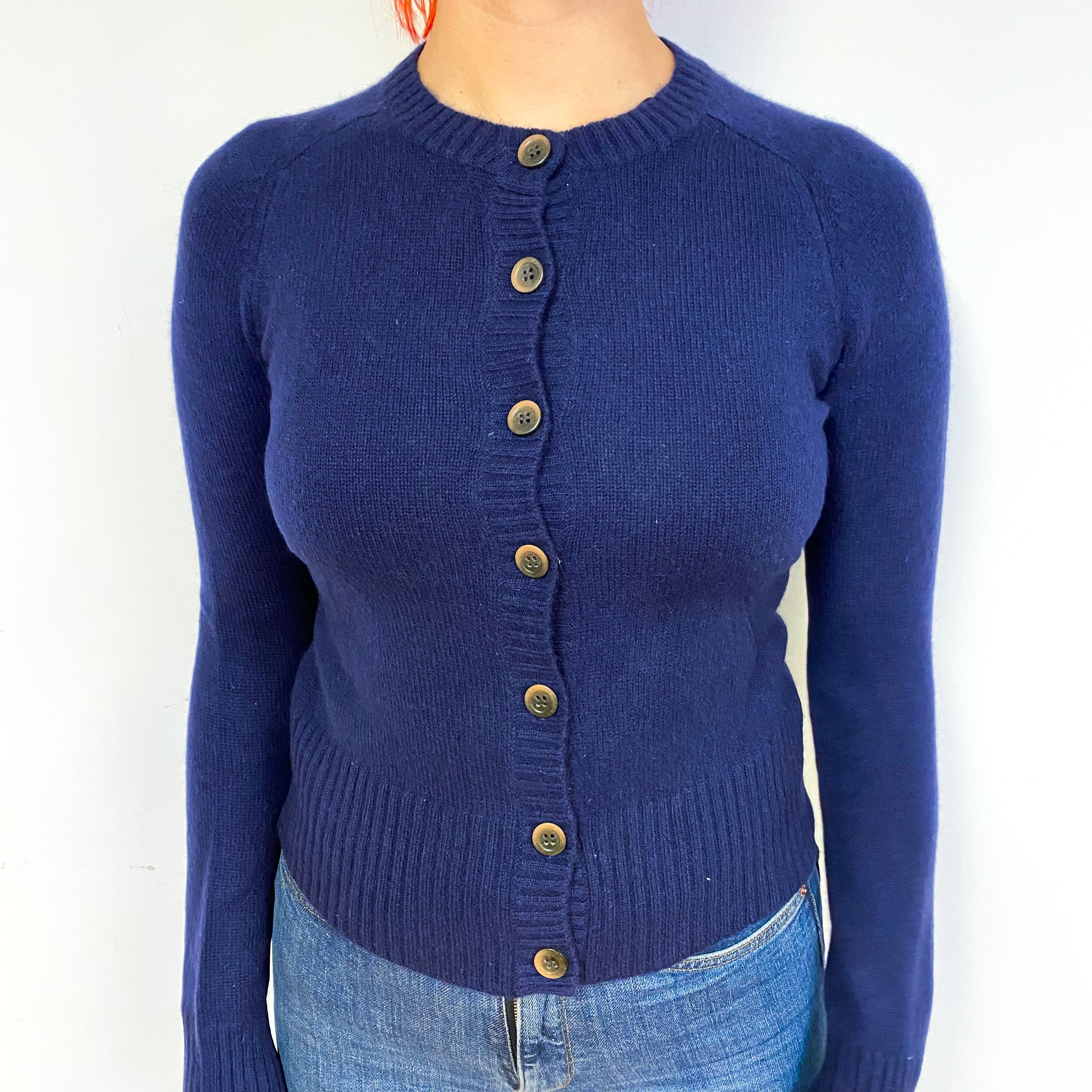 Navy Blue Cashmere Crew Neck Cardigan Small