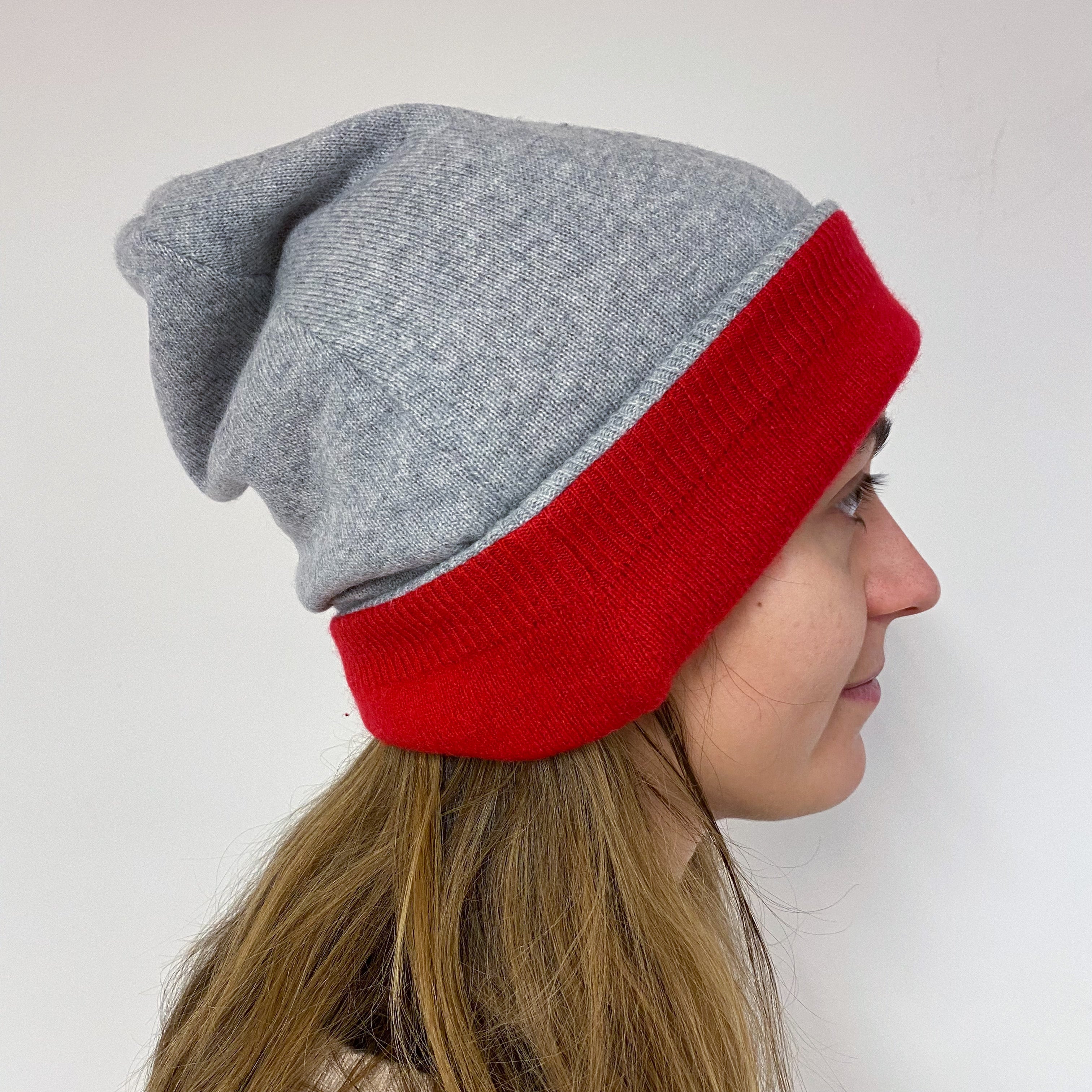 Reversible Red and Grey Cashmere Beanie Hat One Size