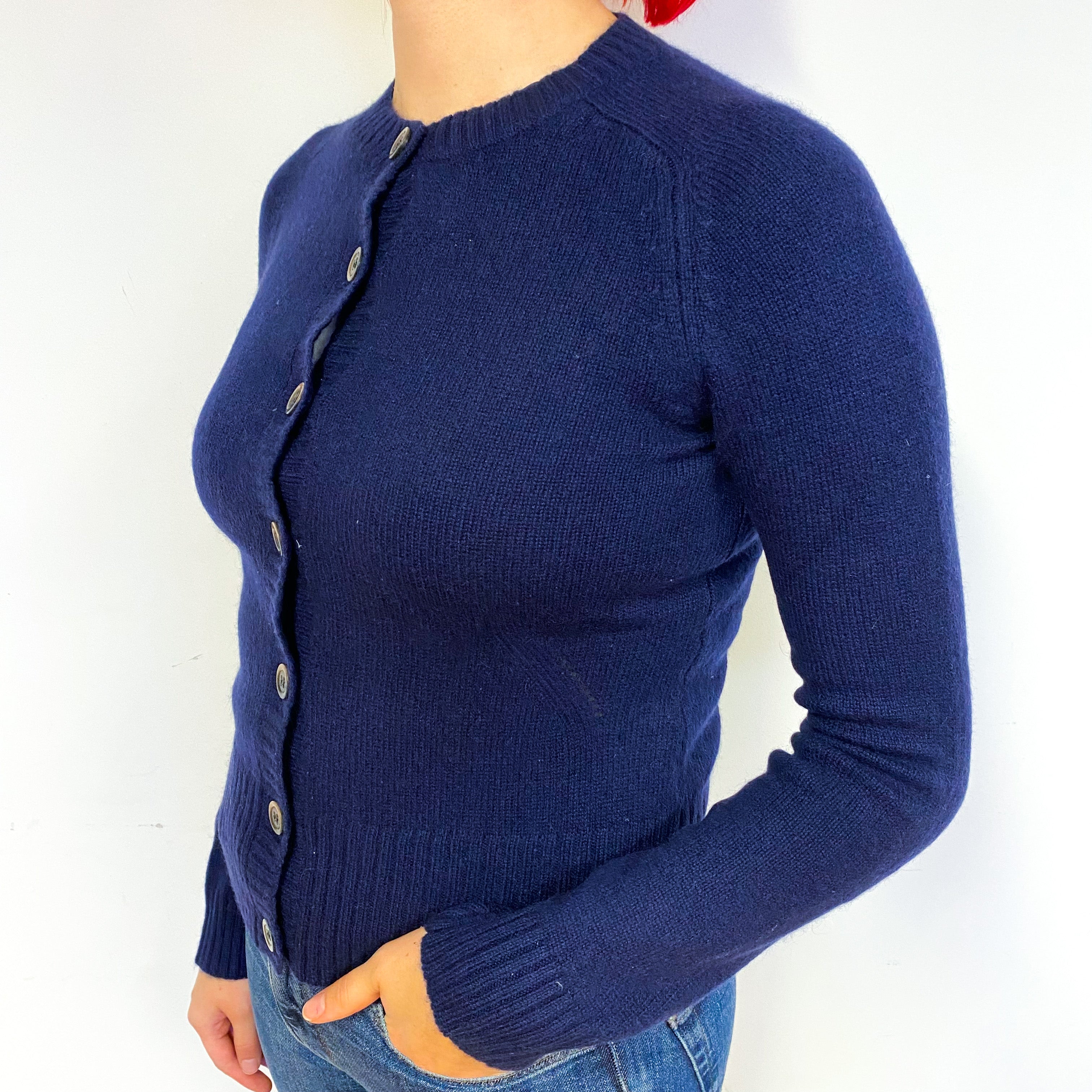 Navy Blue Cashmere Crew Neck Cardigan Small