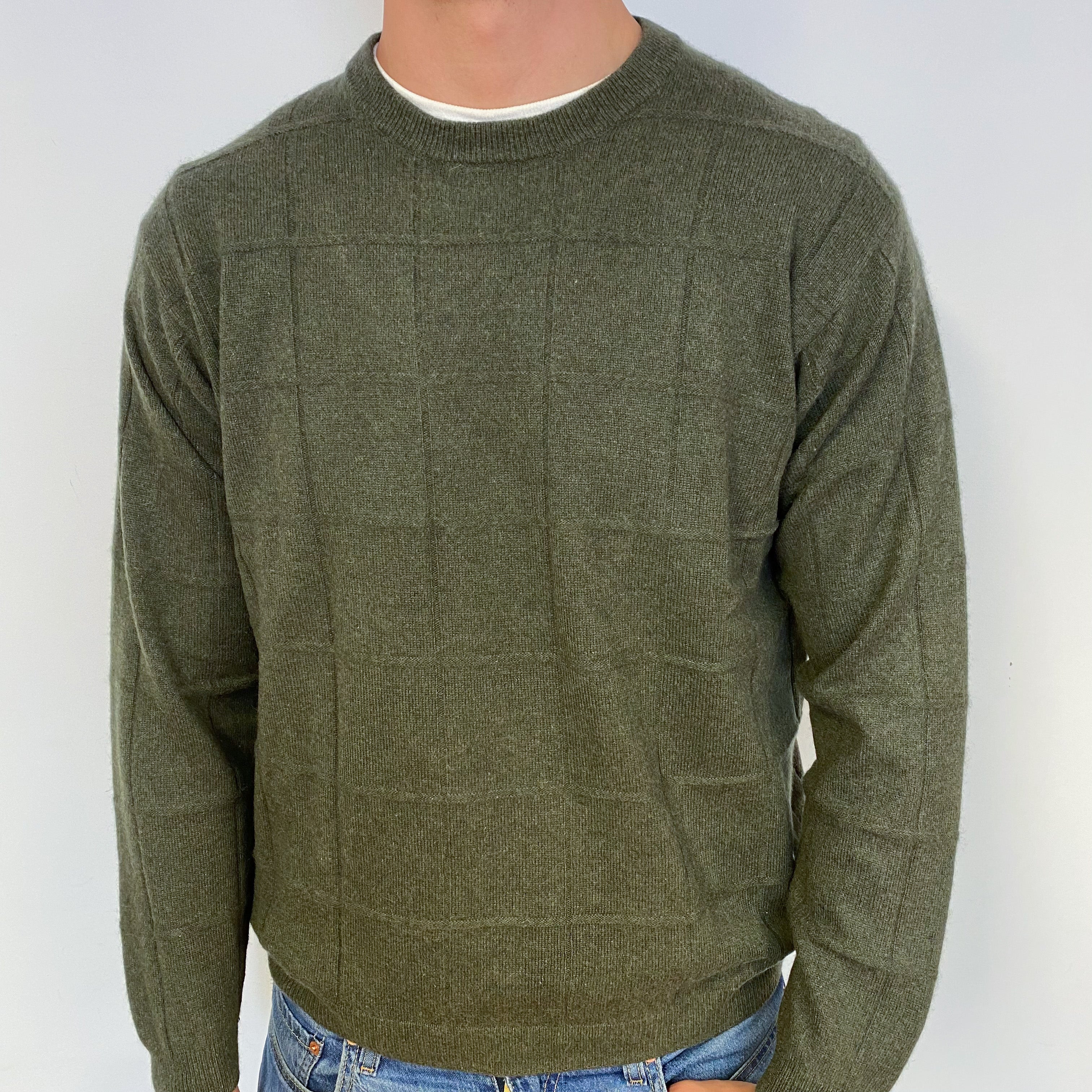 Men’s Khaki Checked Crew Neck Jumper Extra Extra Large