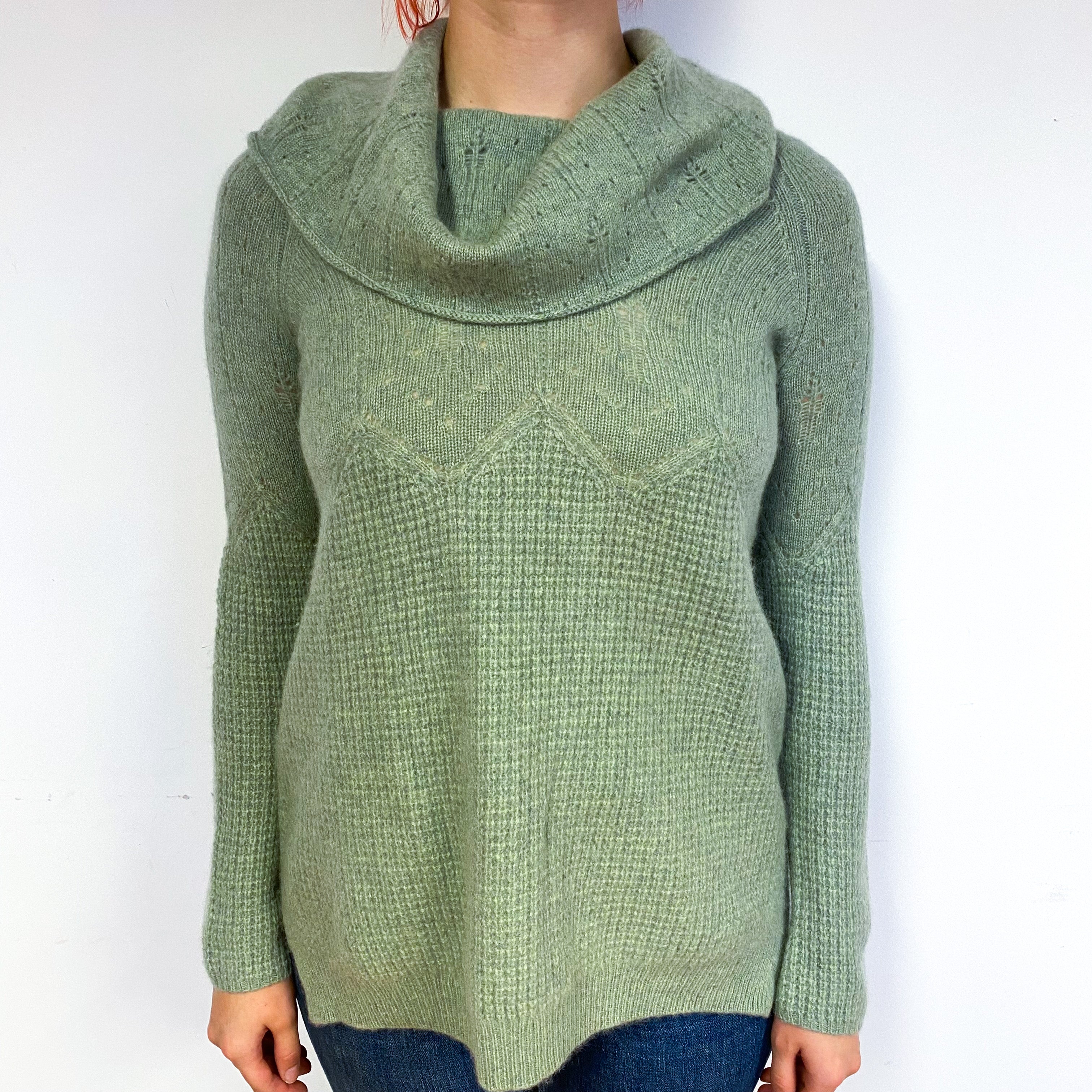 Pickle Green Longline Cashmere Cowl Neck Jumper Small