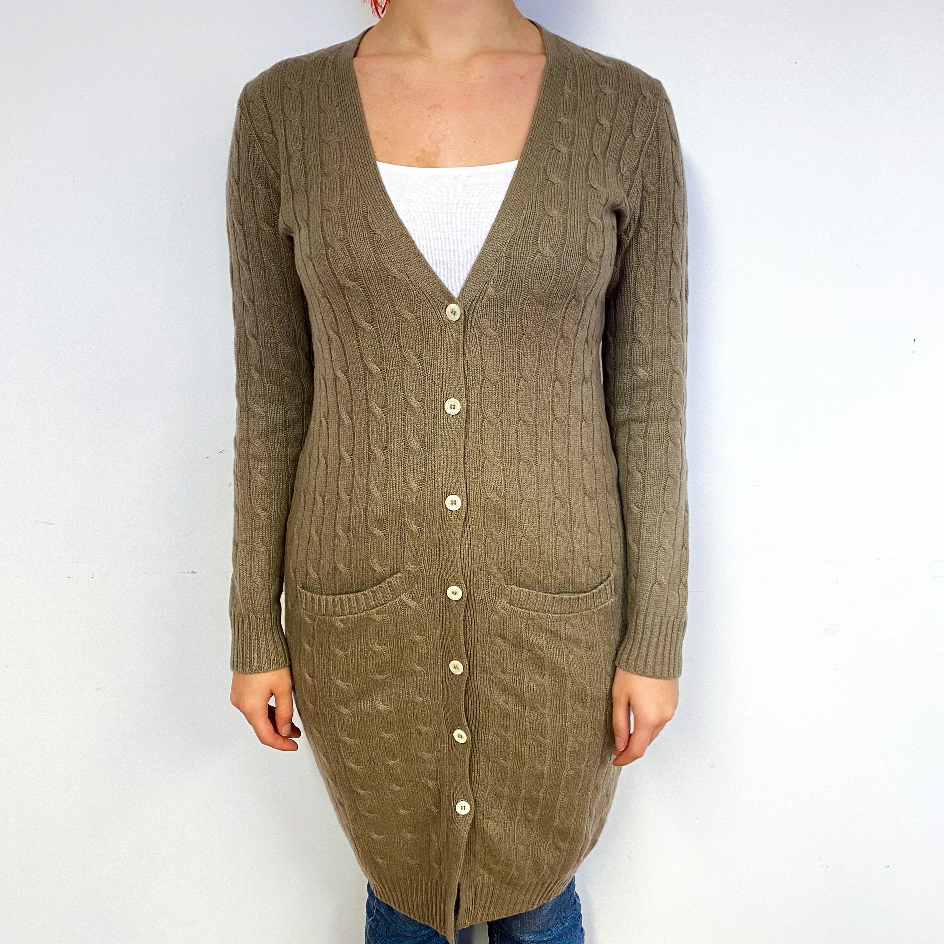 Mocha Brown Long Cable Cashmere Cardigan Small