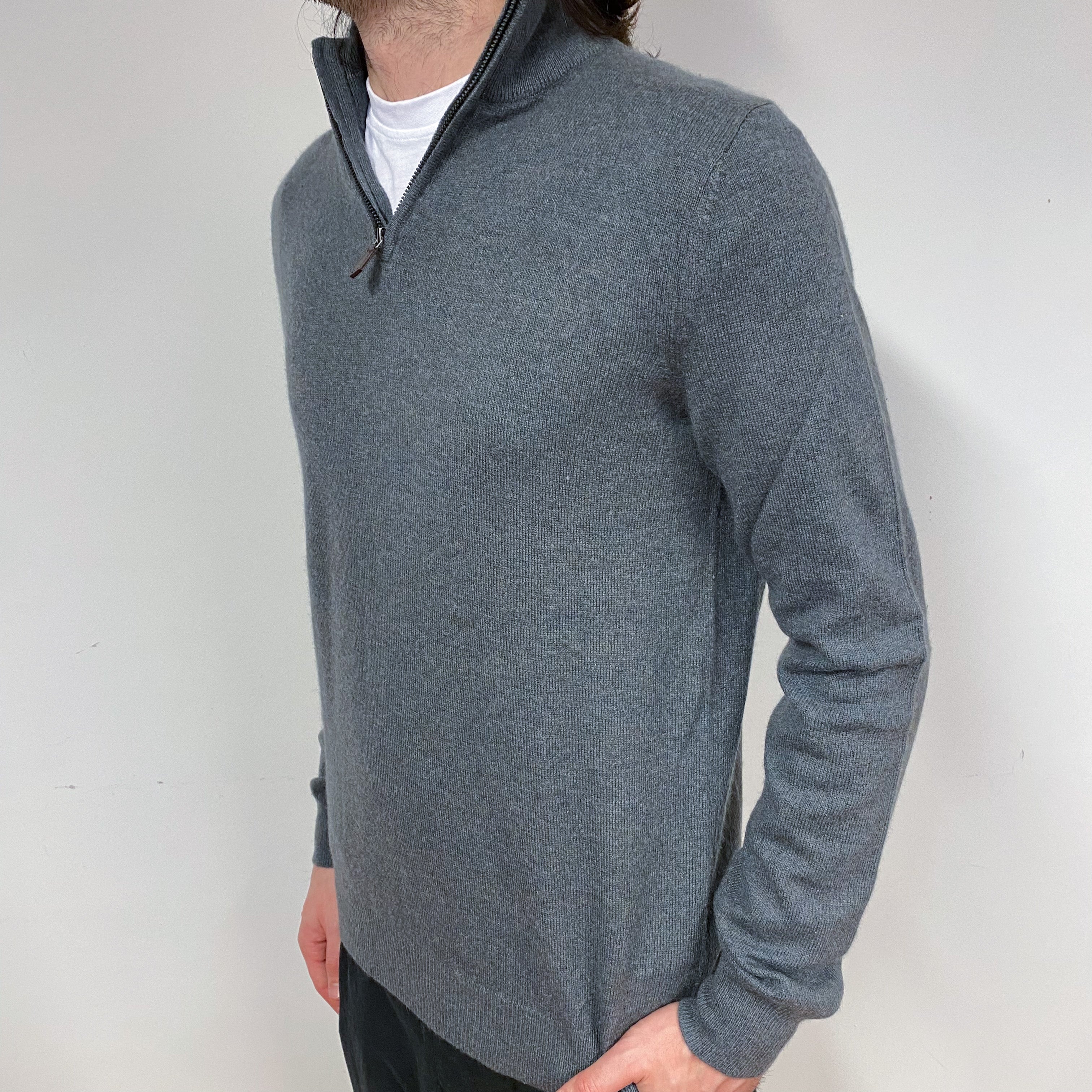 Men’s Slate Grey Cashmere 1/4 Zip Jumper Small