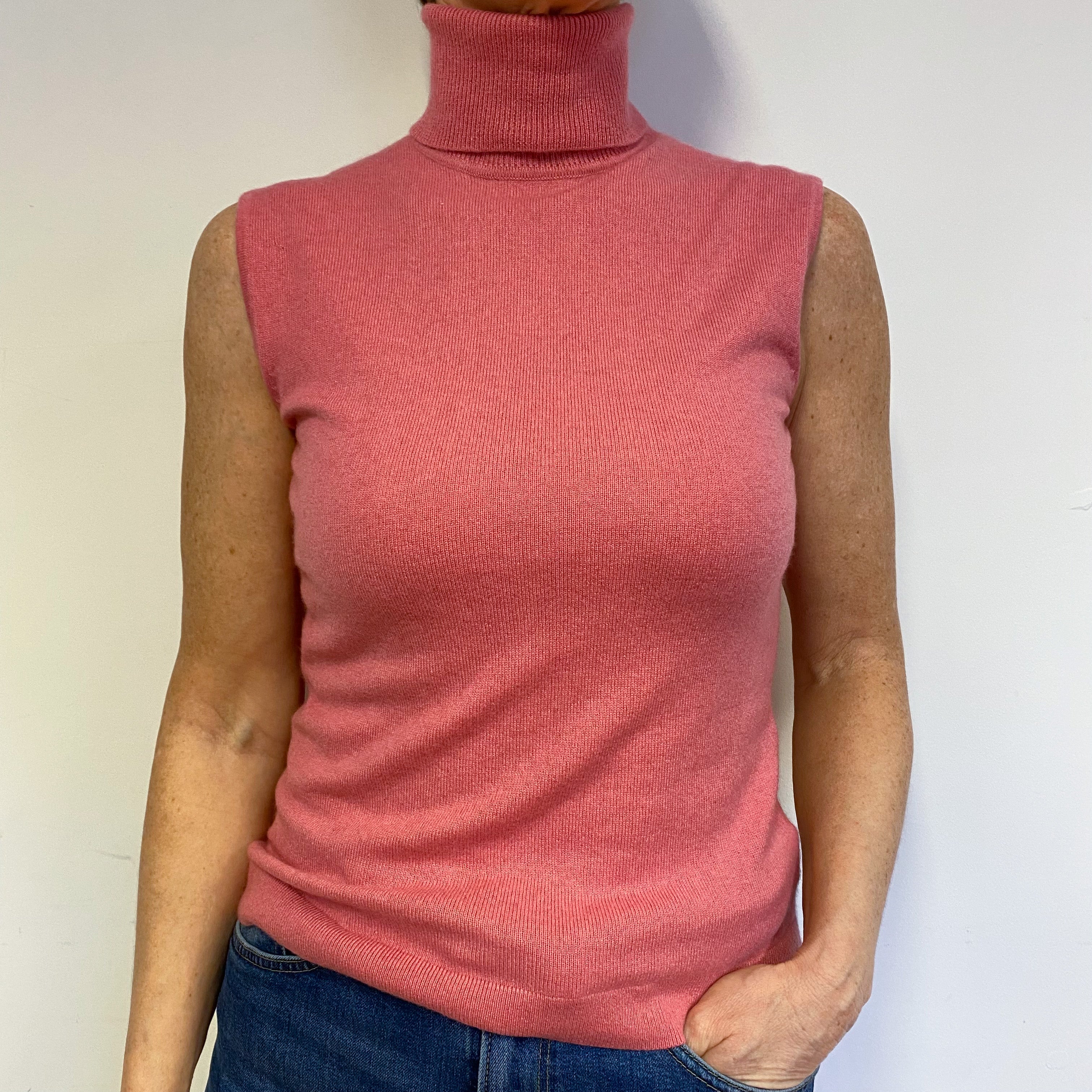 Soft Rose Pink Sleeveless Slim Polo Neck Jumper M