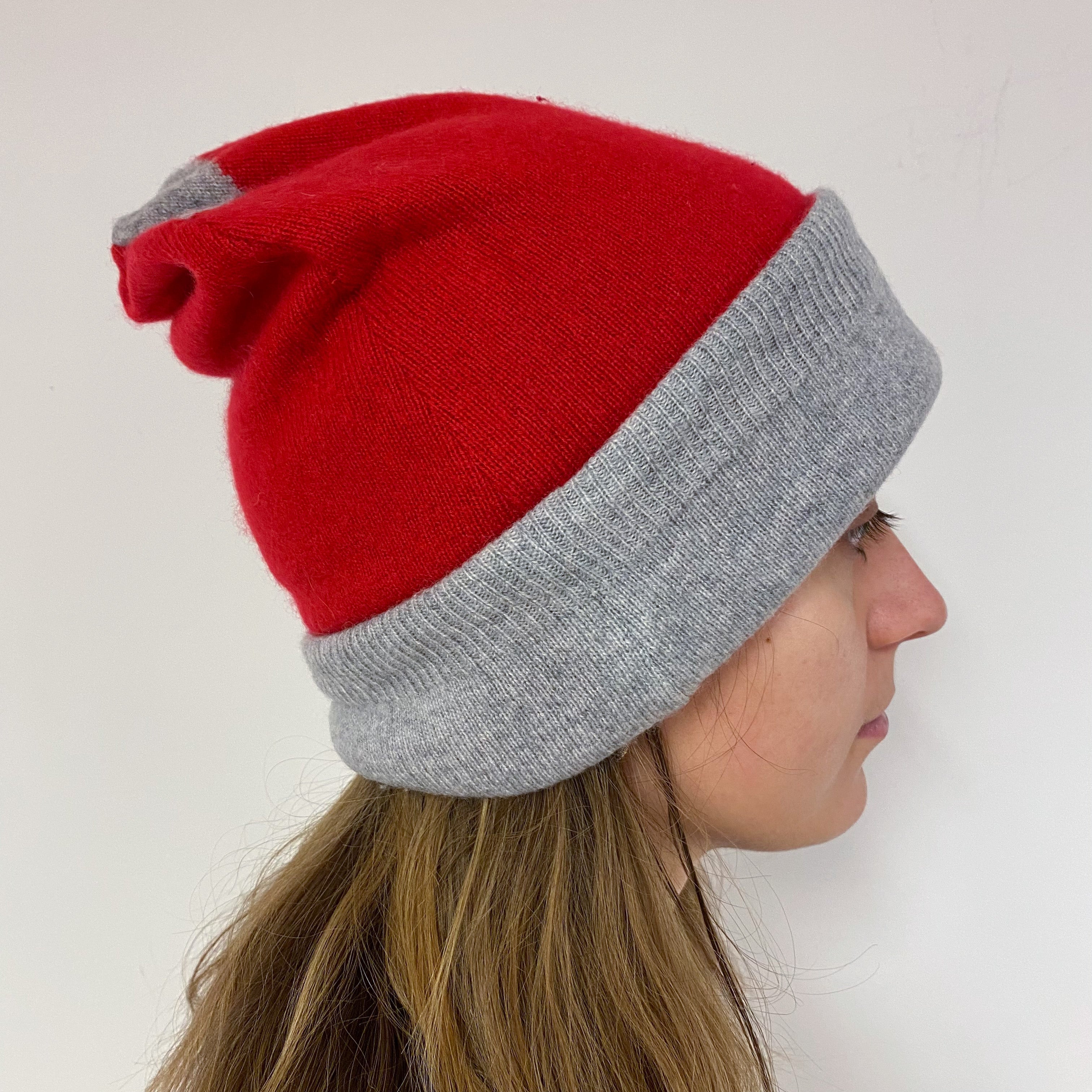 Reversible Red and Grey Cashmere Beanie Hat One Size