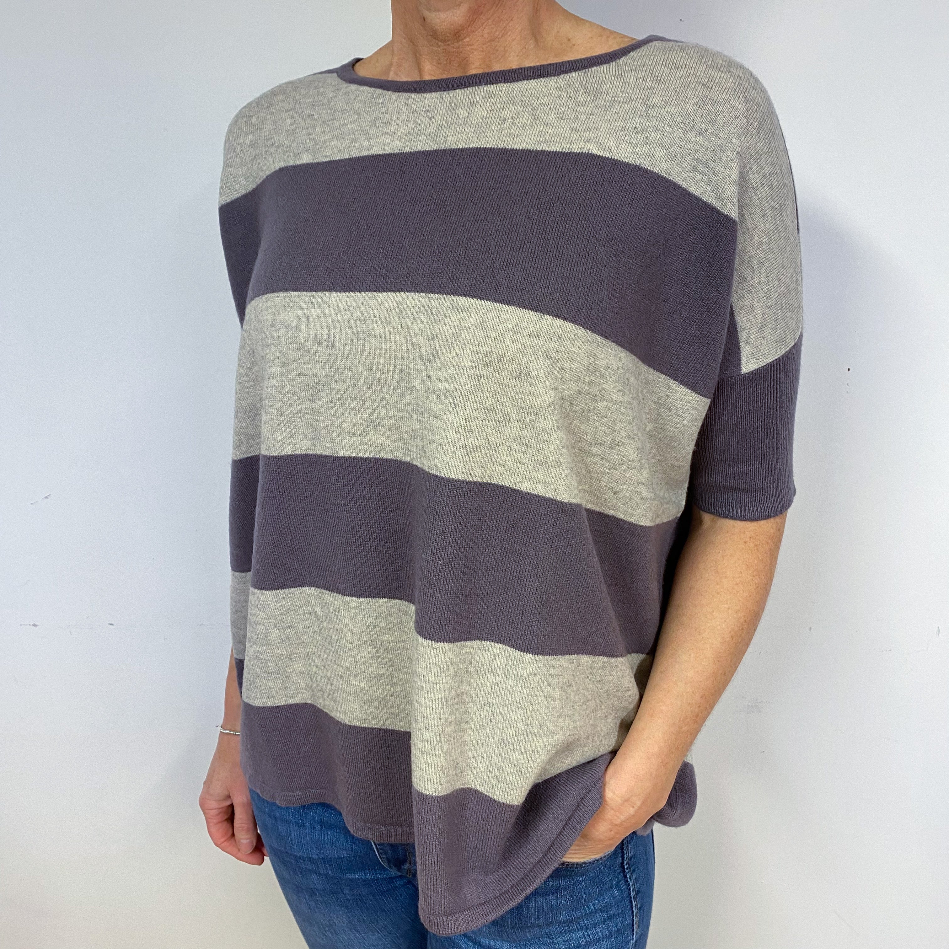 Slouchy Purple and Grey Cashmere Short Sleeved Jumper Medium