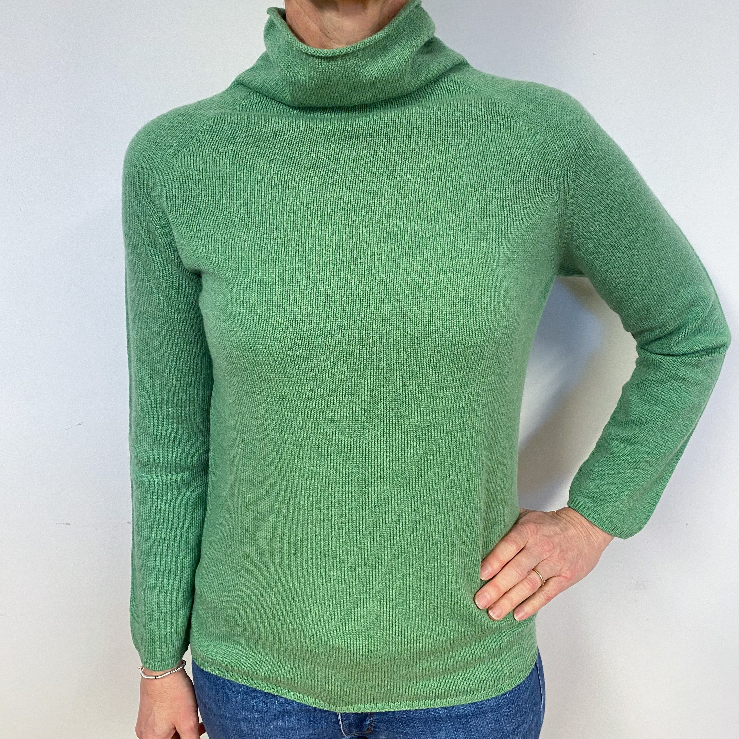 New Scottish Fern Green Cashmere Turtle Neck Jumper Medium