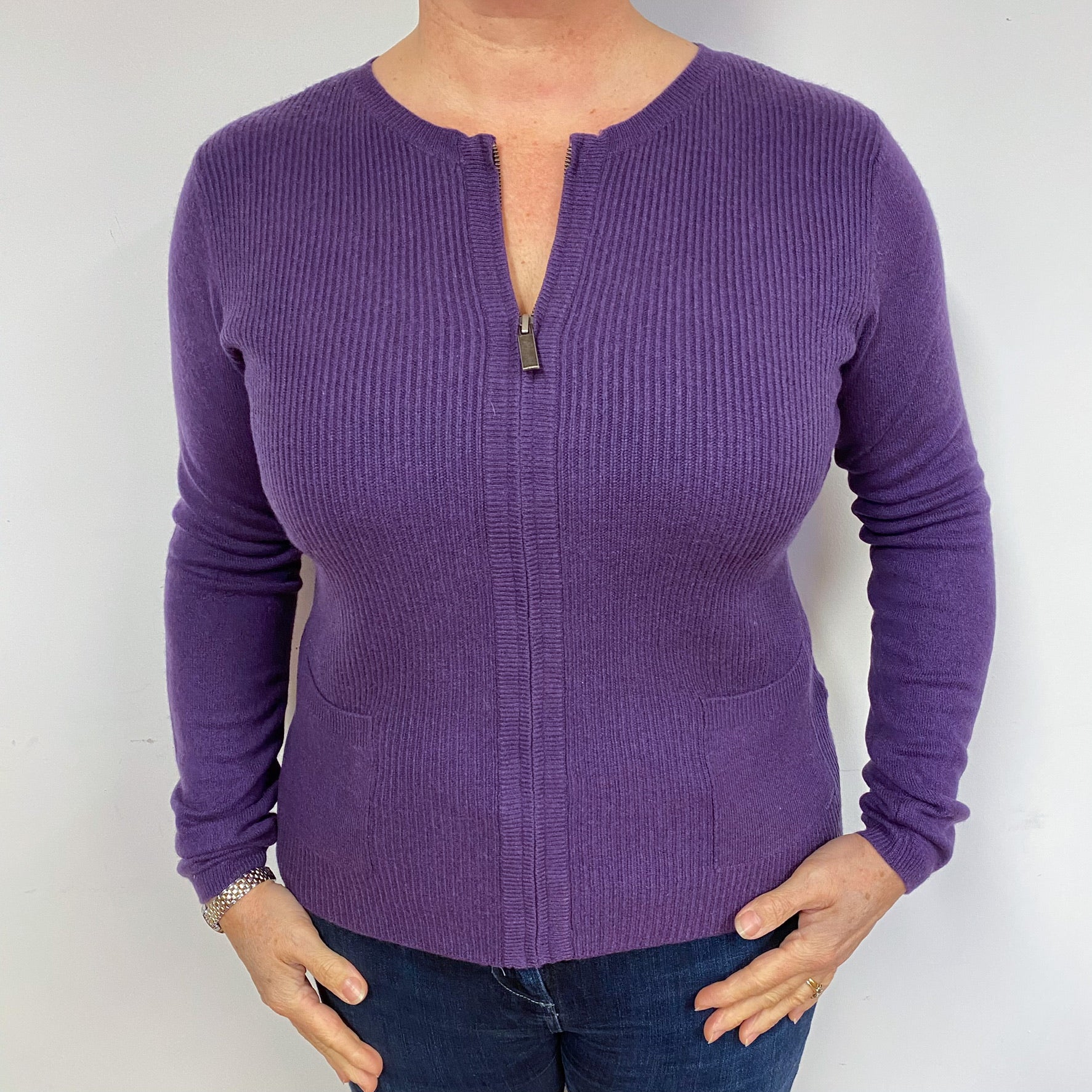 Plum Purple Ribbed Zipped Cashmere Cardigan Large