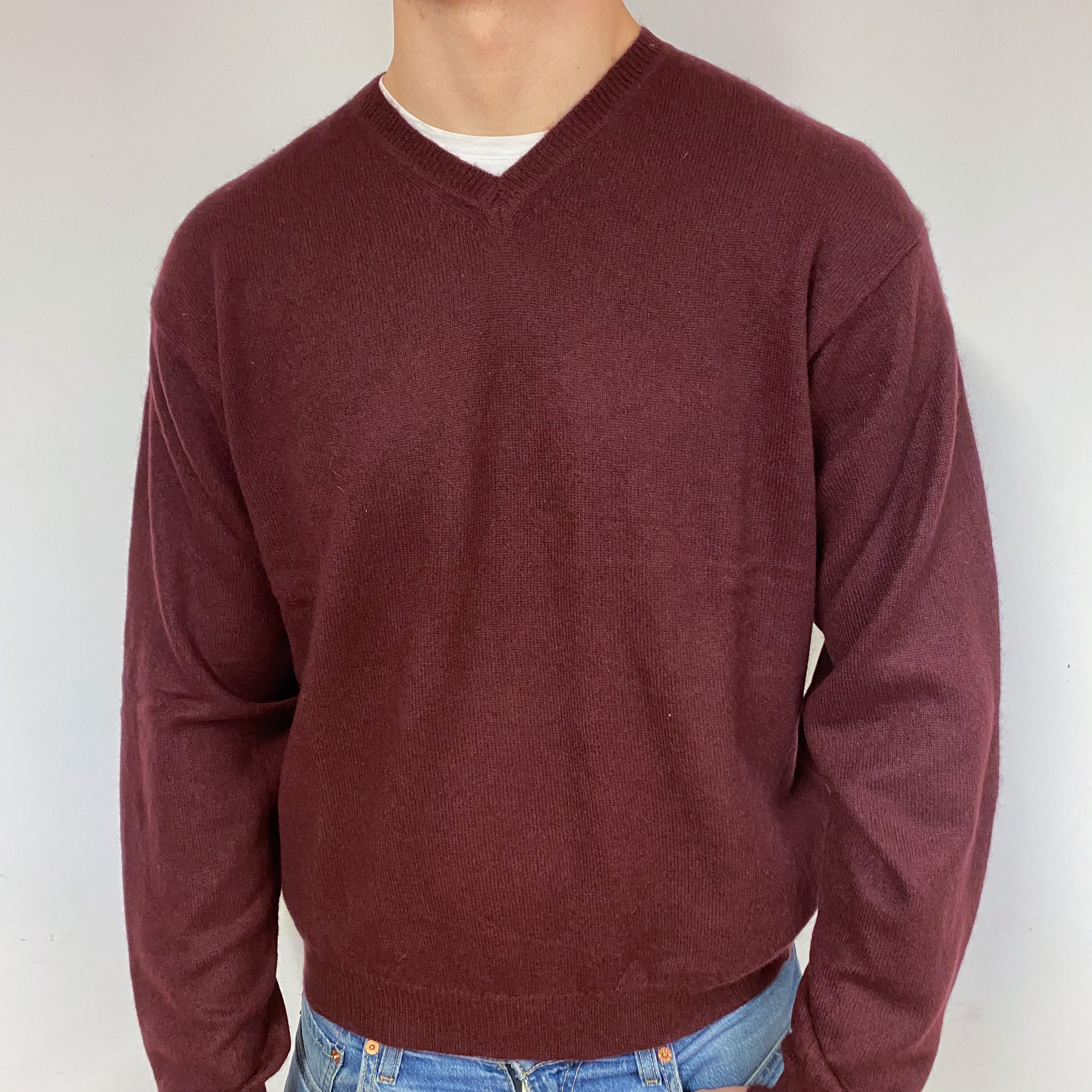 Men's Mulberry Purple Cashmere V-Neck Jumper Extra Large