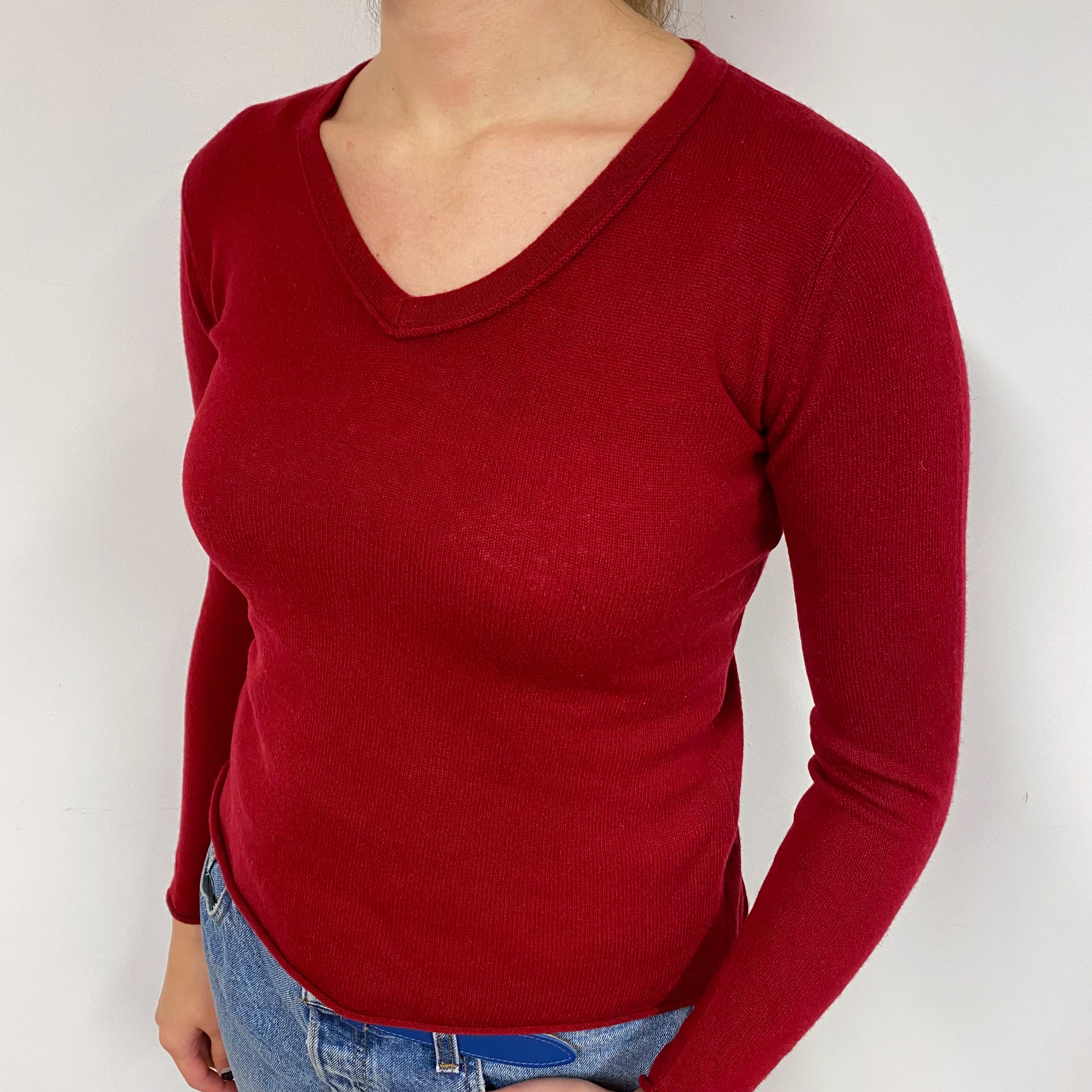 Crimson Red Cashmere V-Neck Jumper Small Petite