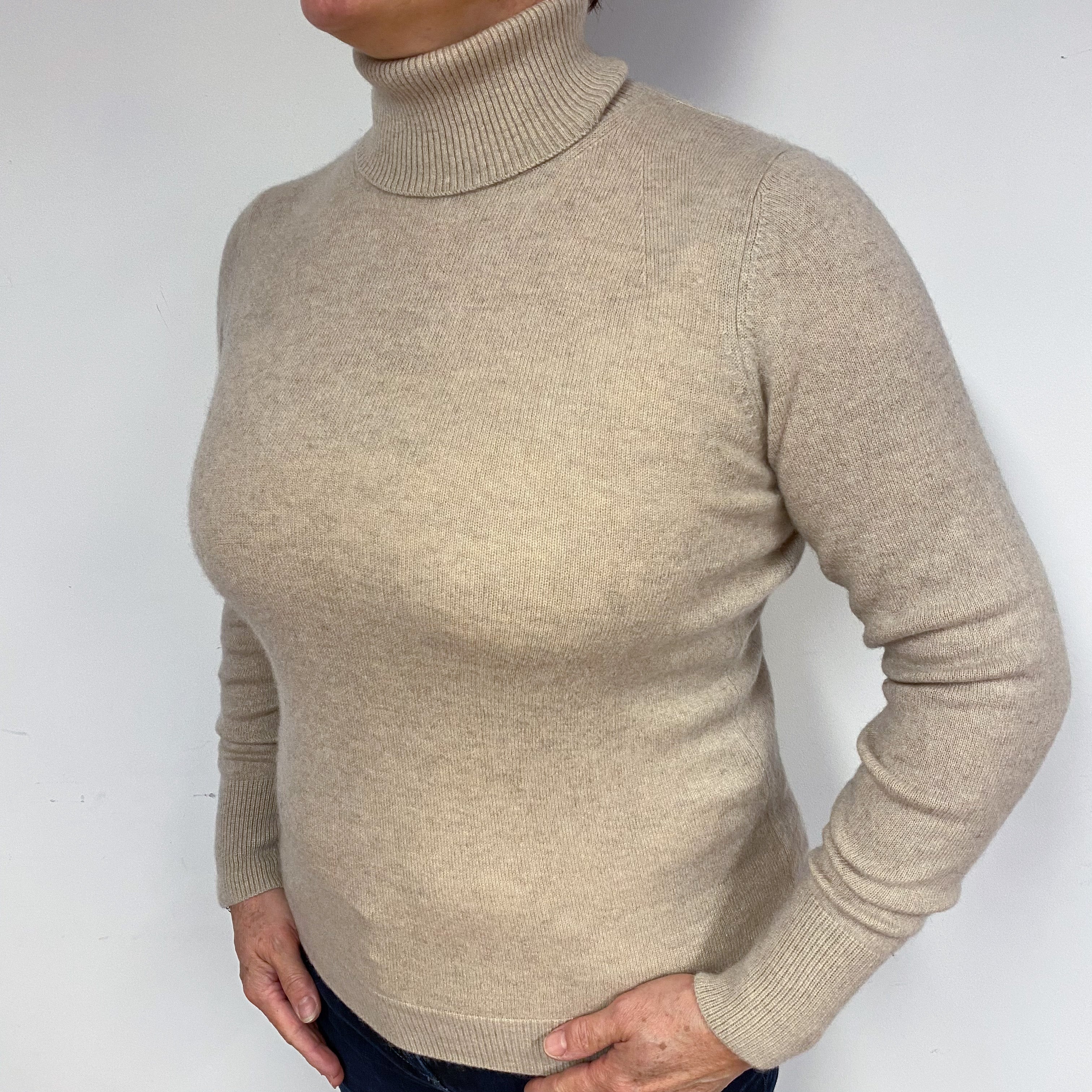 Fawn Beige Cashmere Polo Neck Jumper Large