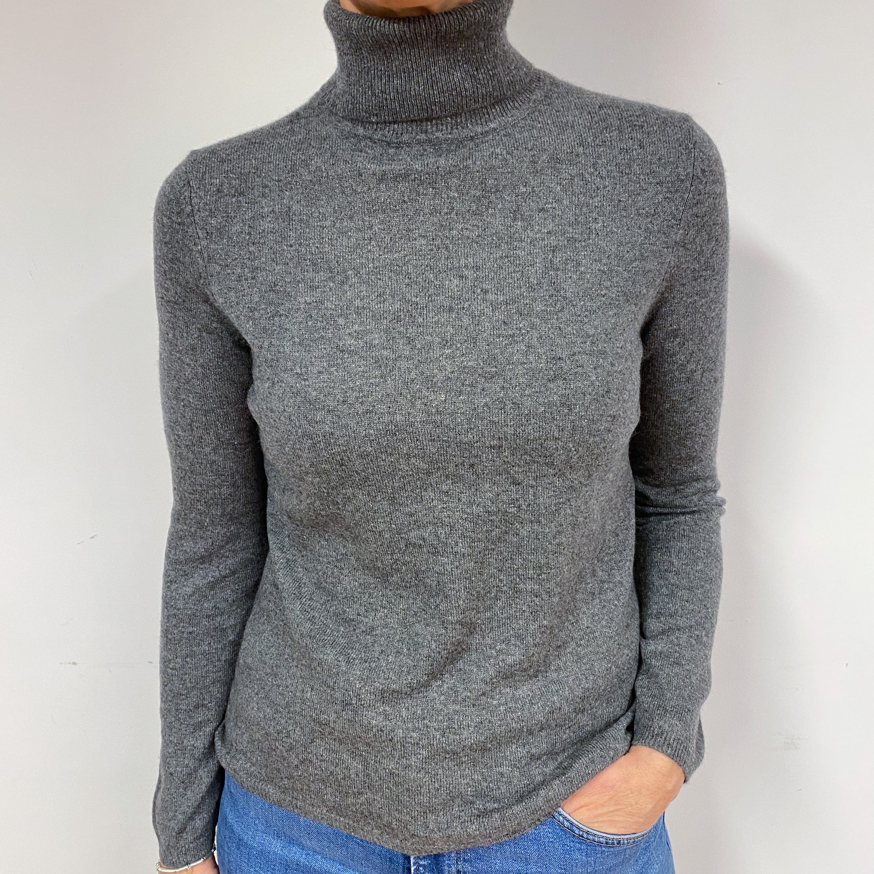 Steel Grey Cashmere Polo Neck Jumper Medium