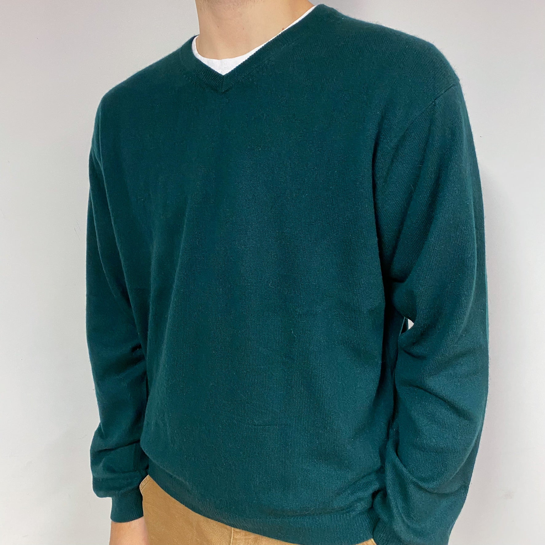 Men's Forest Green Cashmere V-Neck Jumper Large