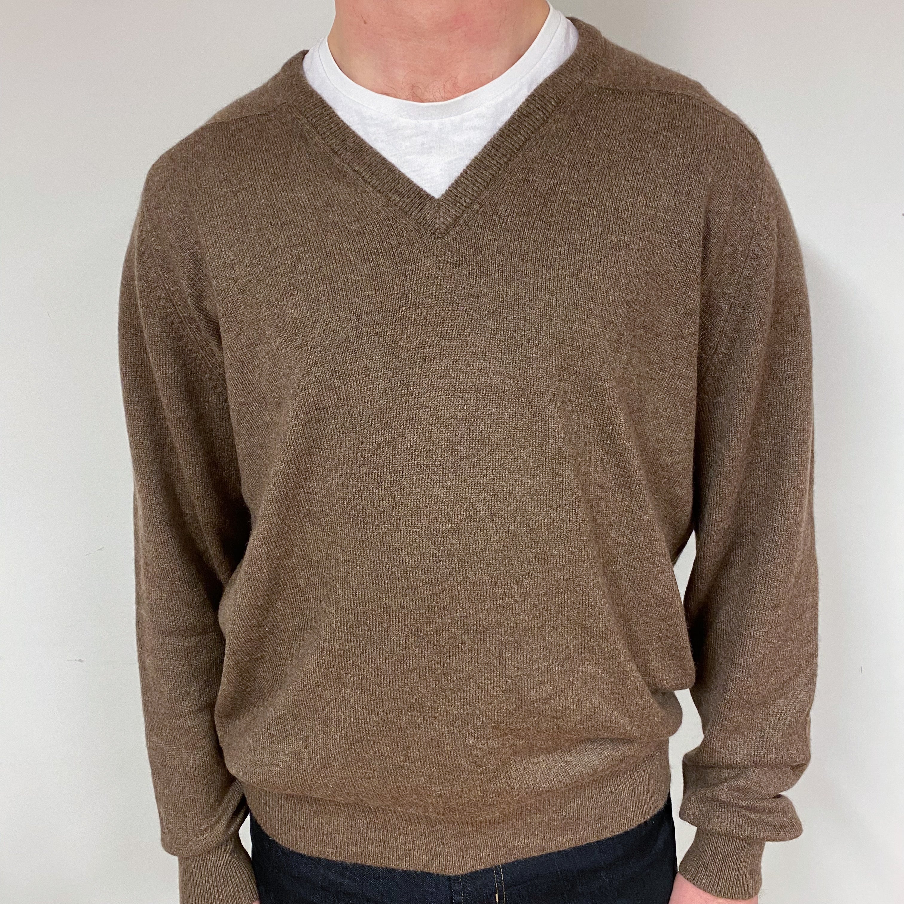 Men's Mole Brown Cashmere V-Neck Jumper XXLarge