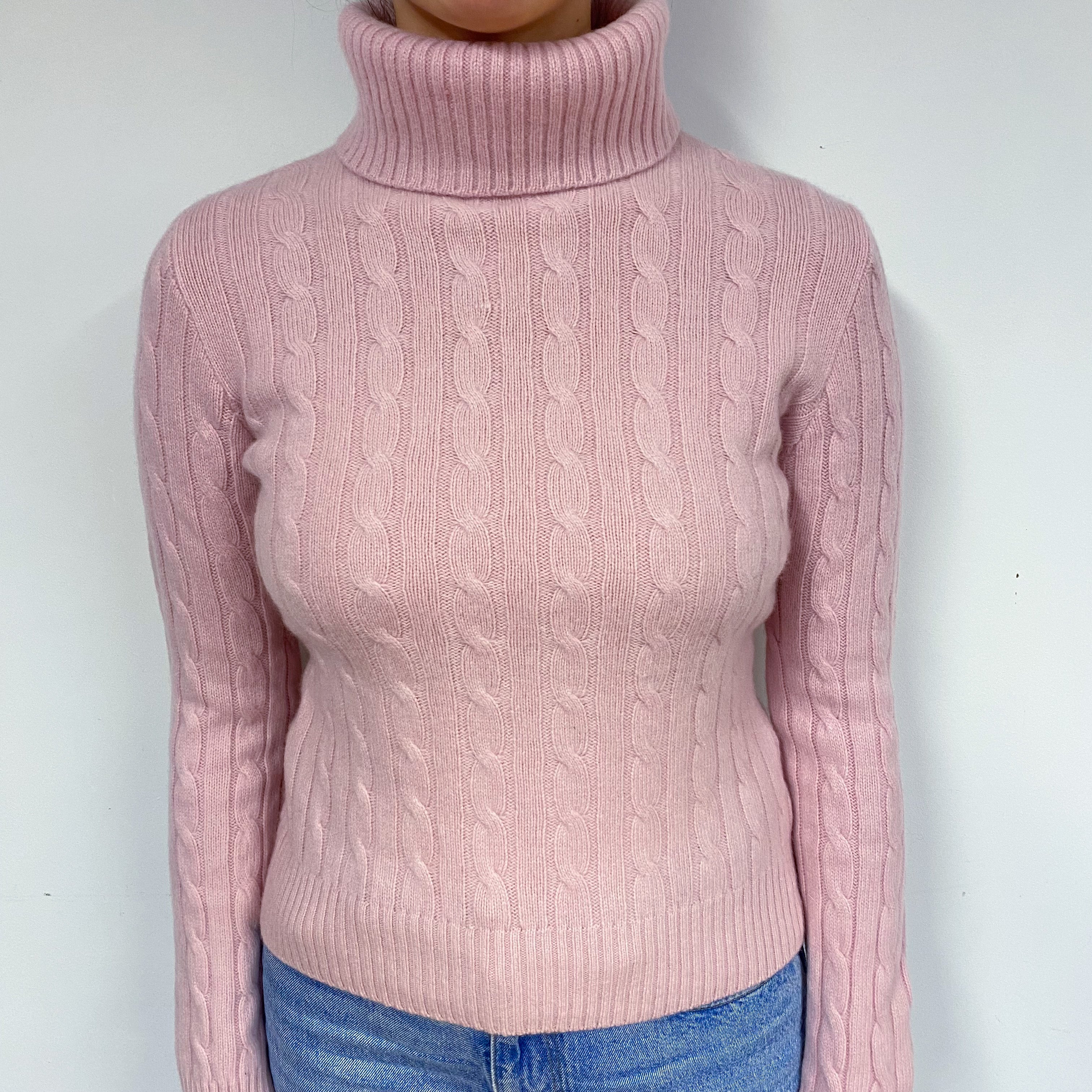 Carnation Pink Cable Cashmere Polo Neck Jumper Small