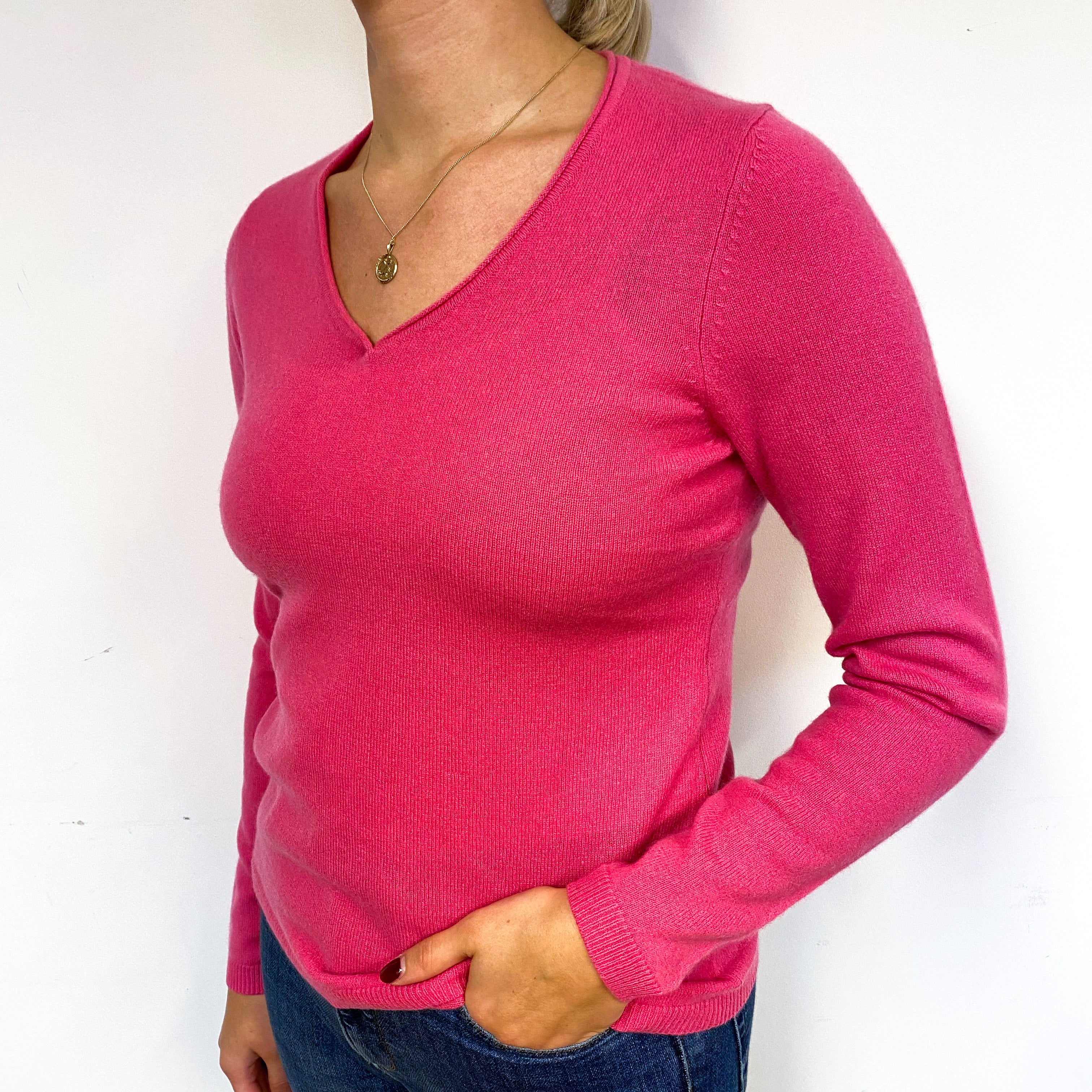 New Fuchsia Pink Cashmere V Neck Jumper Small