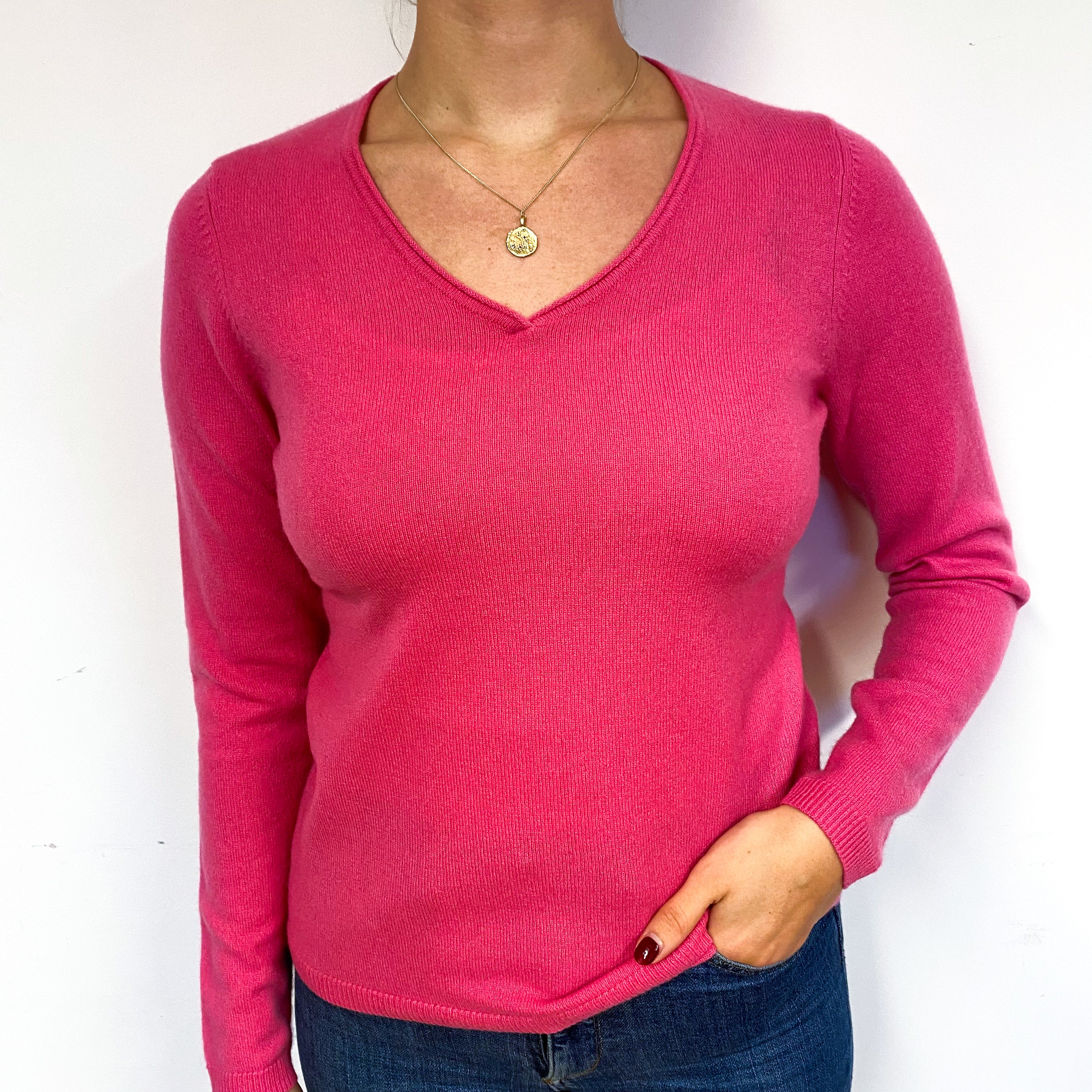 New Fuchsia Pink Cashmere V Neck Jumper Small